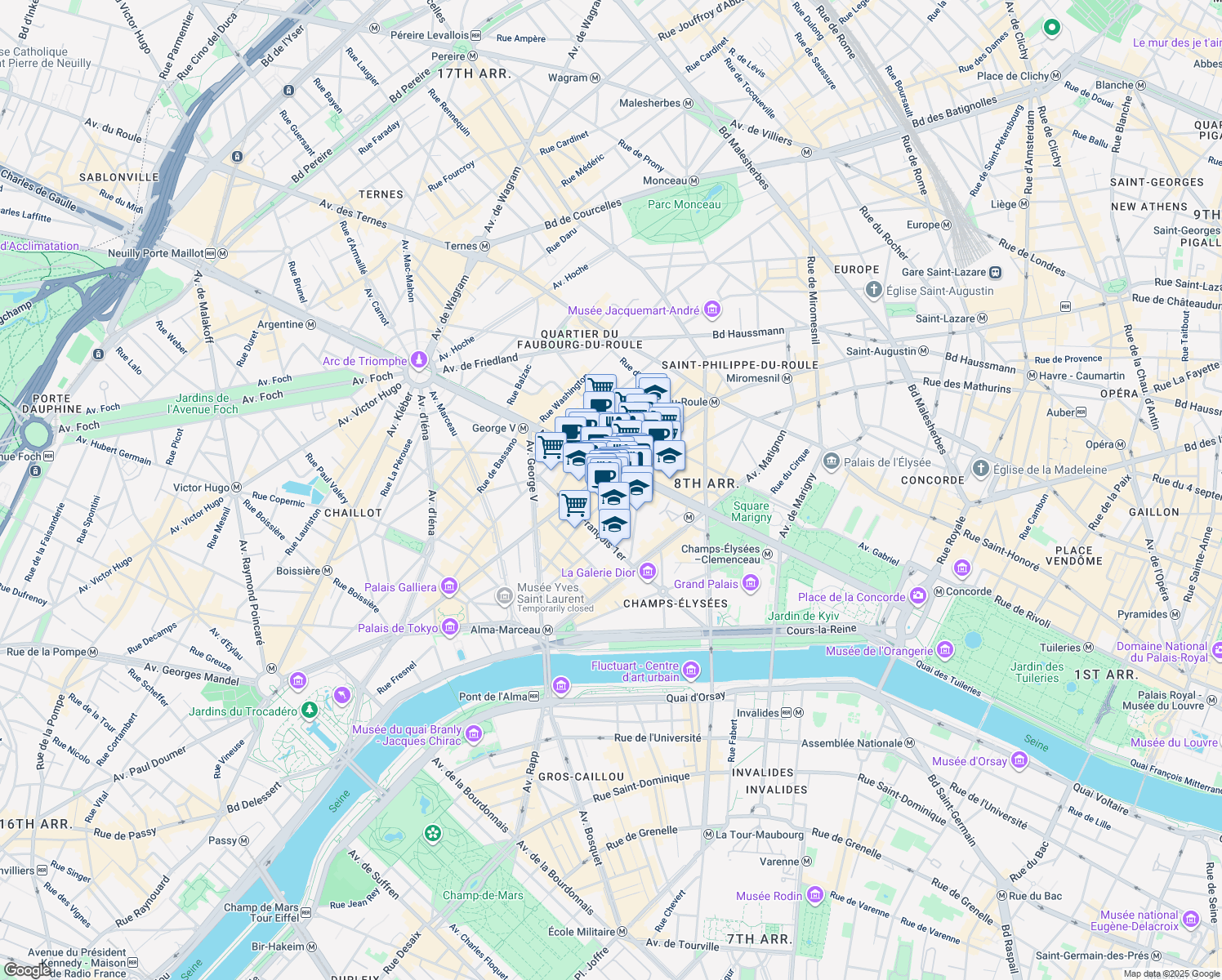 map of restaurants, bars, coffee shops, grocery stores, and more near 37 Rue Marbeuf in Paris