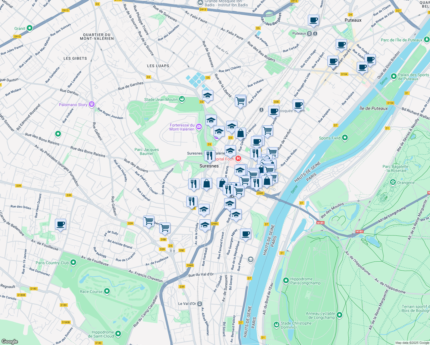 map of restaurants, bars, coffee shops, grocery stores, and more near in Suresnes