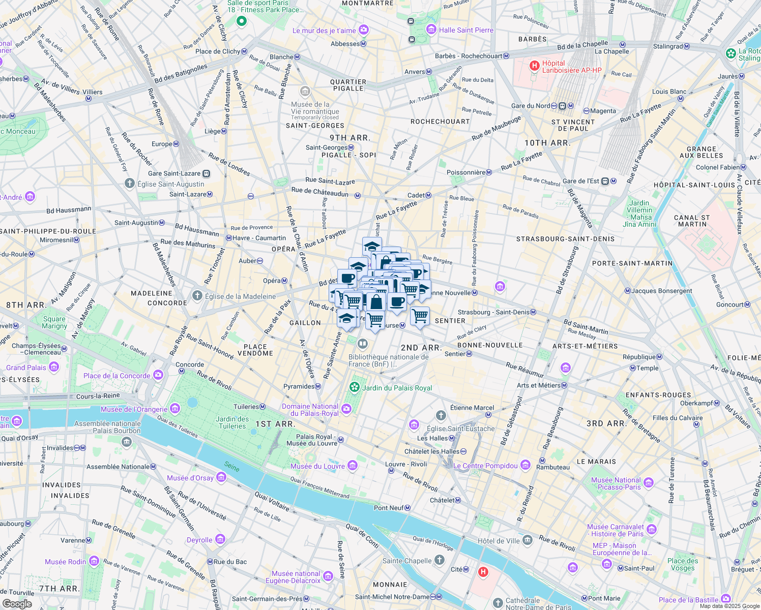 map of restaurants, bars, coffee shops, grocery stores, and more near 26 Rue Feydeau in Paris