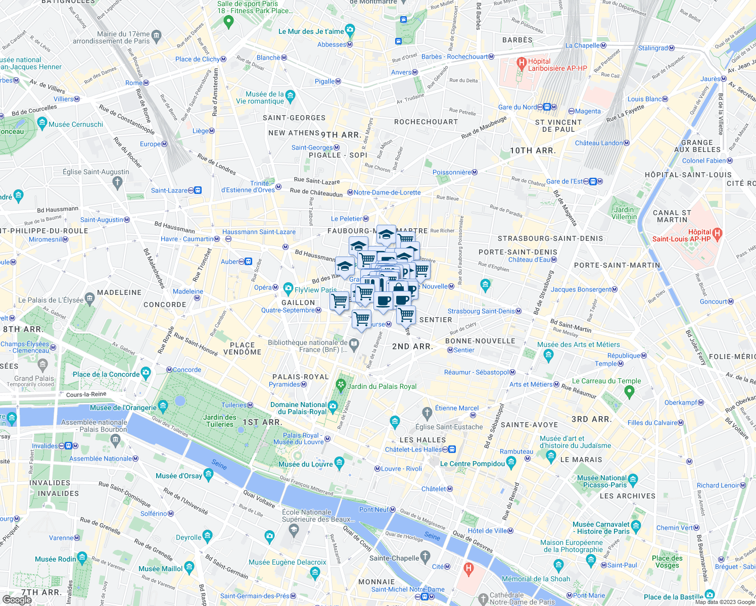 map of restaurants, bars, coffee shops, grocery stores, and more near 18 Rue Feydeau in Paris