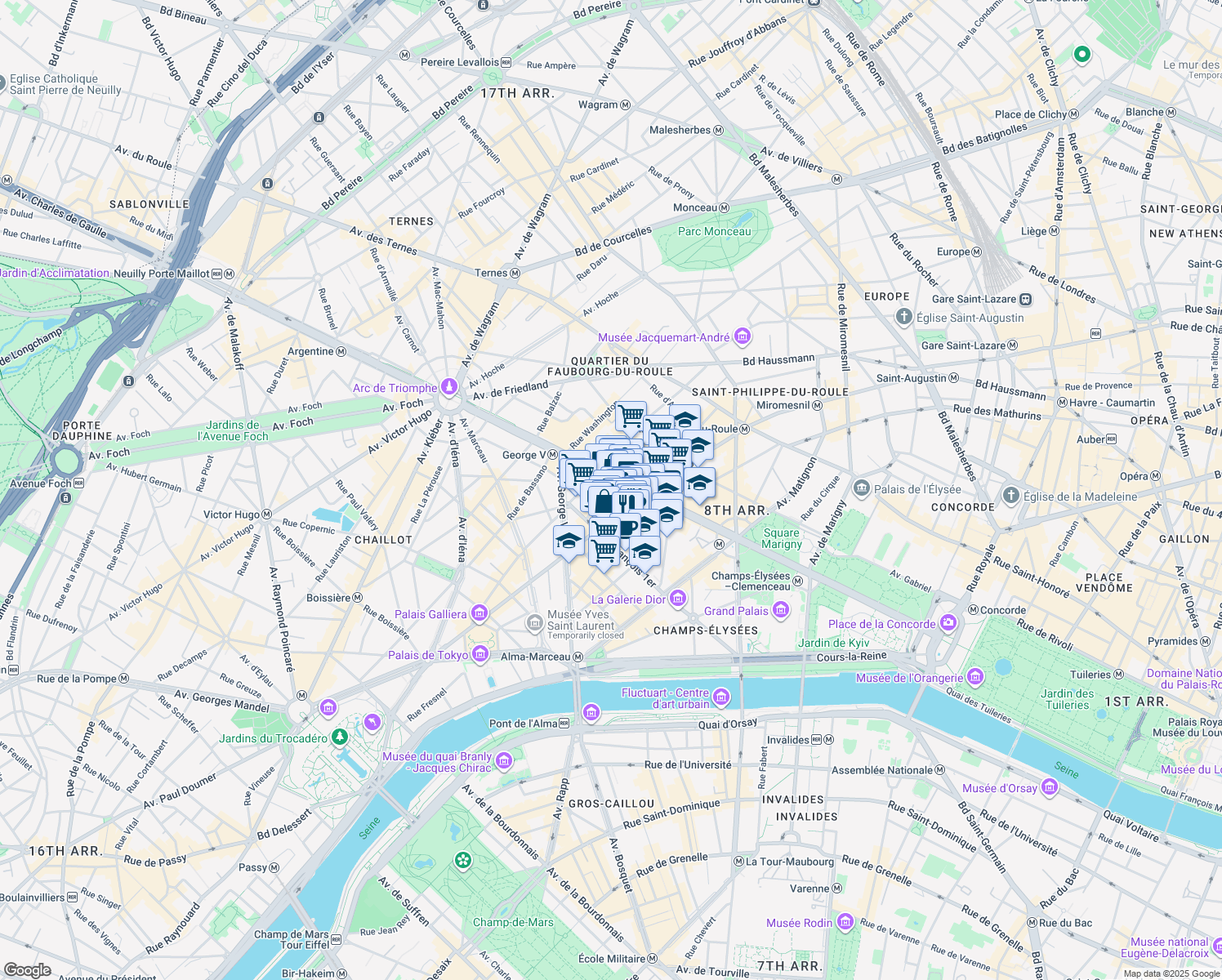 map of restaurants, bars, coffee shops, grocery stores, and more near 73 Avenue des Champs-Élysées in Paris