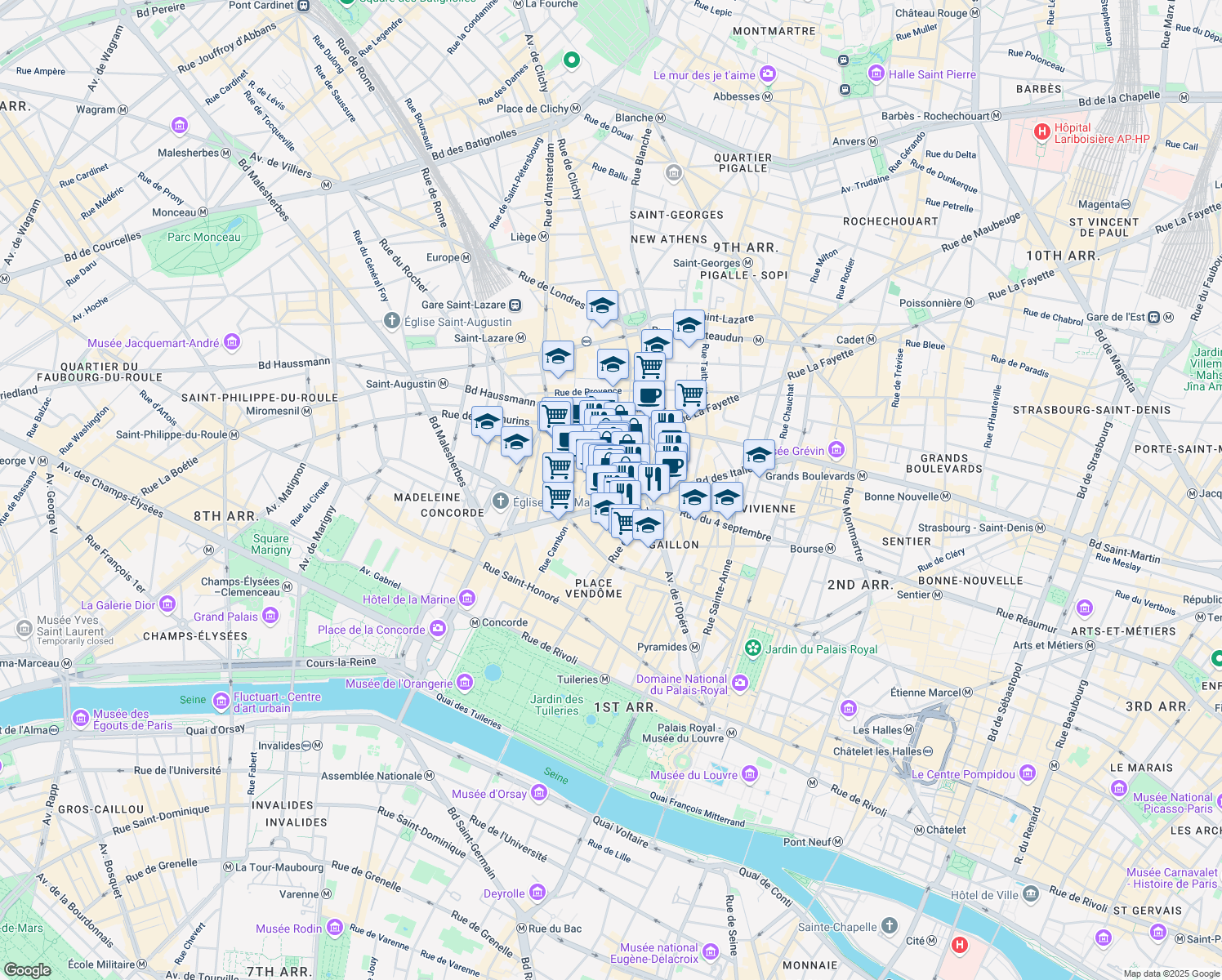 map of restaurants, bars, coffee shops, grocery stores, and more near 2 Rue Scribe in Paris