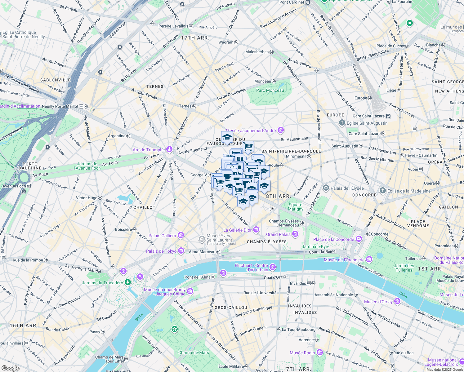 map of restaurants, bars, coffee shops, grocery stores, and more near 73 Avenue des Champs-Élysées in Paris