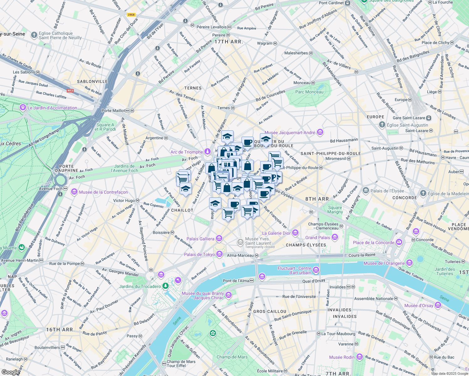 map of restaurants, bars, coffee shops, grocery stores, and more near 5 Rue Euler in Paris