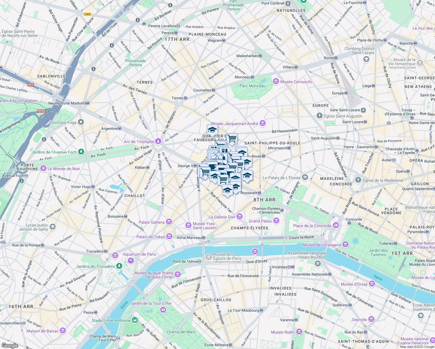 map of restaurants, bars, coffee shops, grocery stores, and more near 78 Avenue des Champs-Élysées in Paris