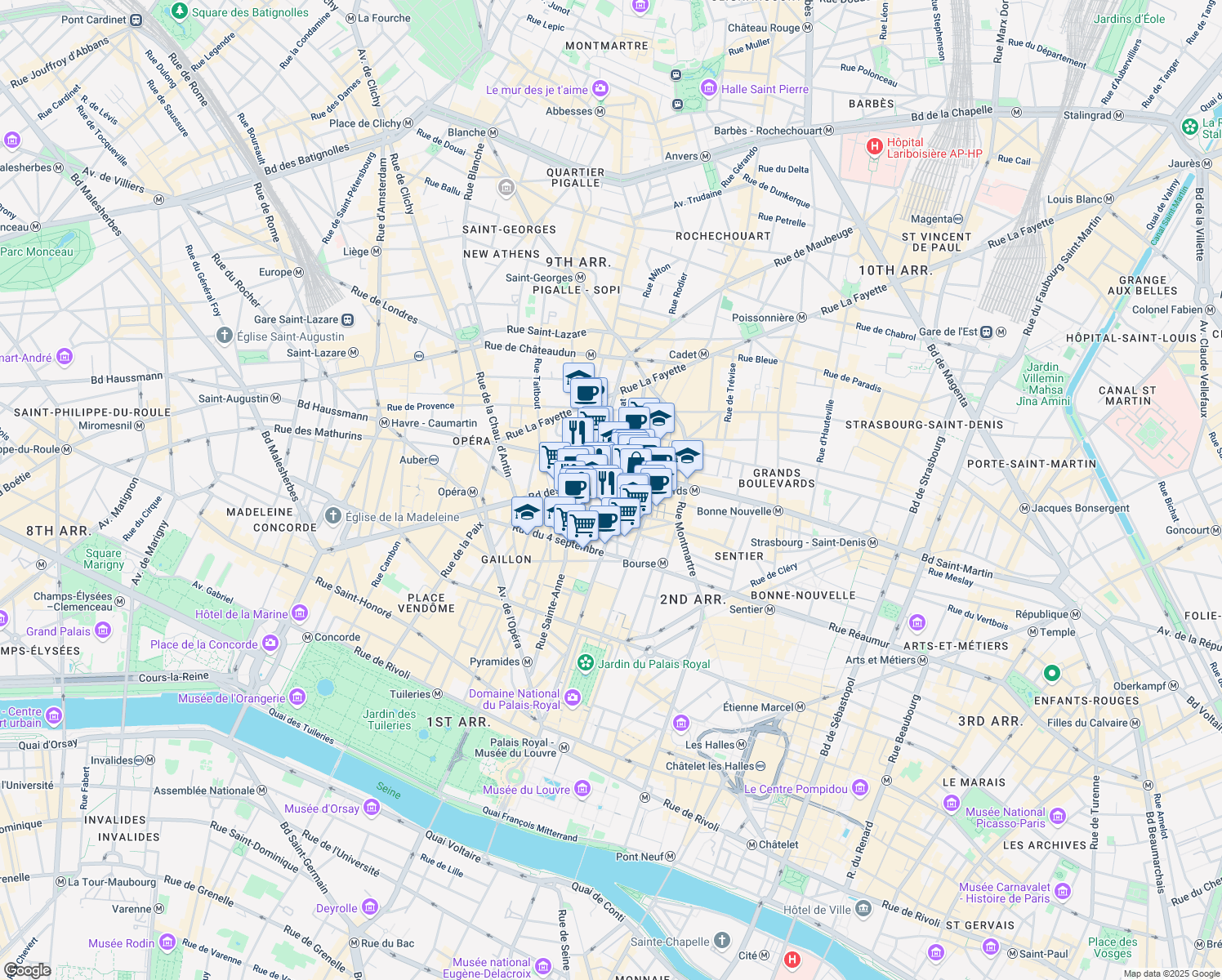 map of restaurants, bars, coffee shops, grocery stores, and more near Passage des Princes in Paris