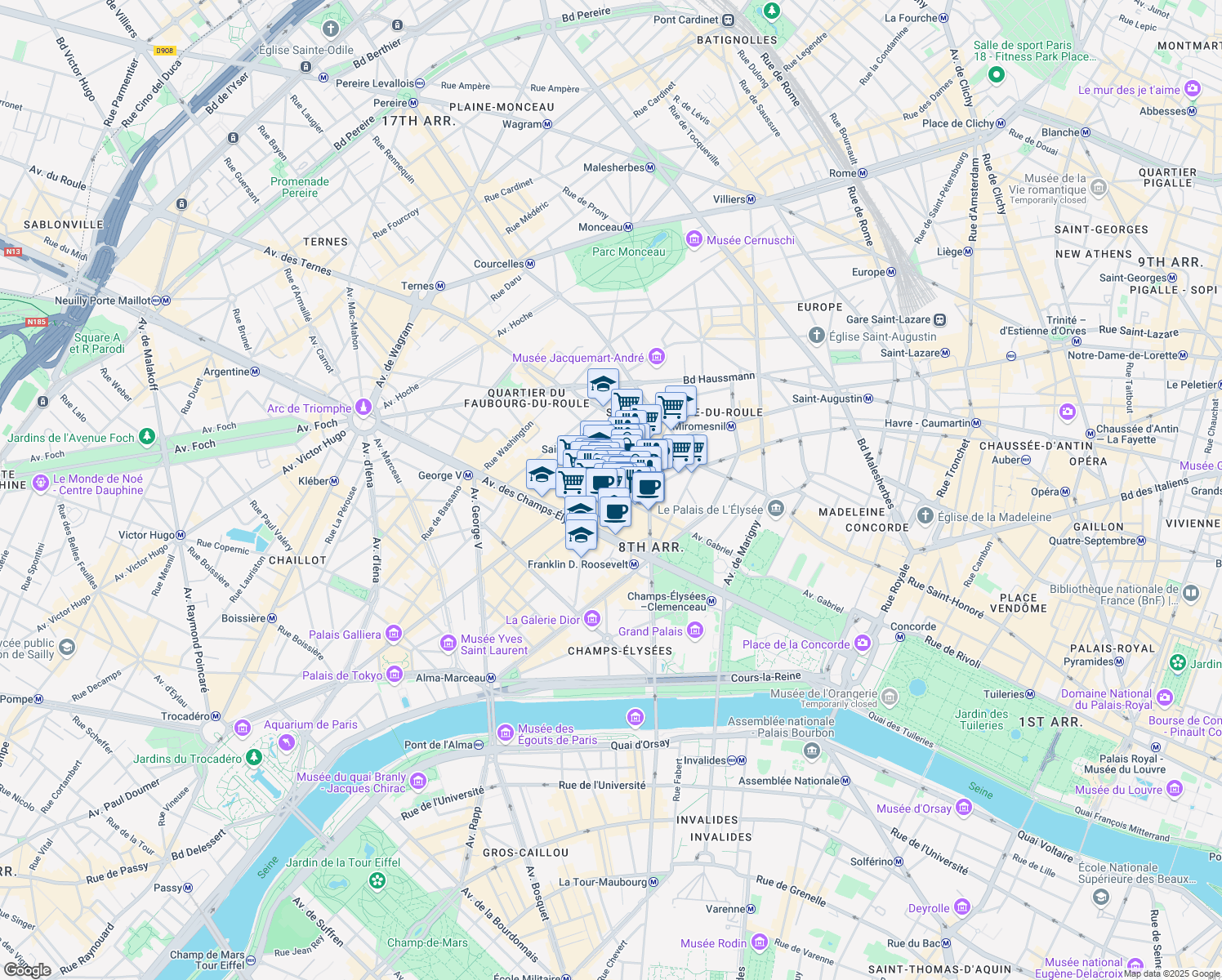 map of restaurants, bars, coffee shops, grocery stores, and more near 38 Rue de Ponthieu in Paris