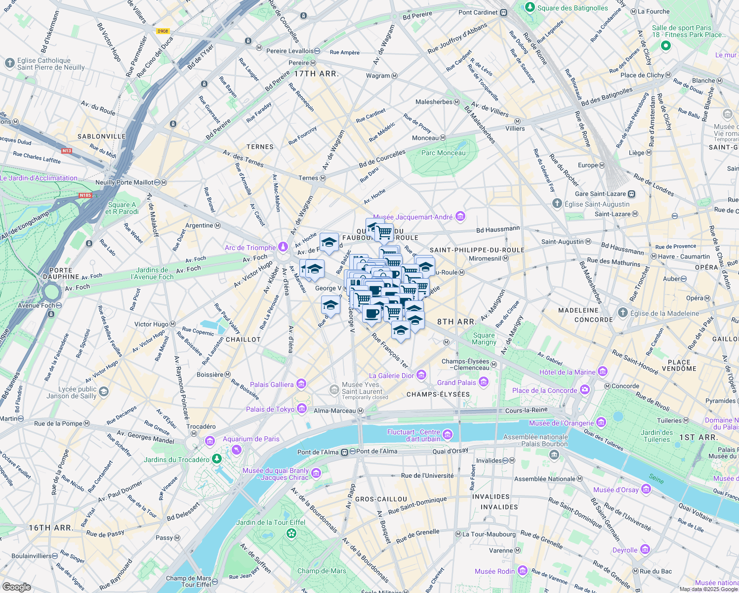 map of restaurants, bars, coffee shops, grocery stores, and more near 92 Champs-Élysées in Paris
