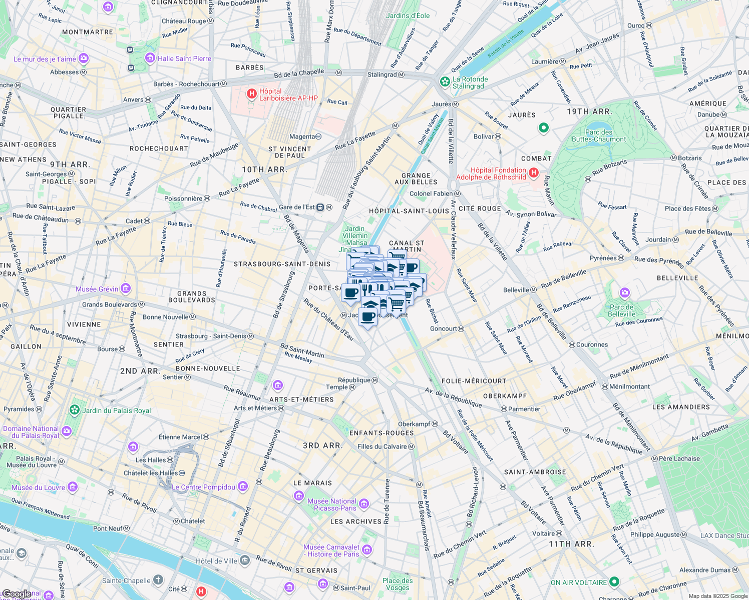 map of restaurants, bars, coffee shops, grocery stores, and more near Rue de Marseille in Paris