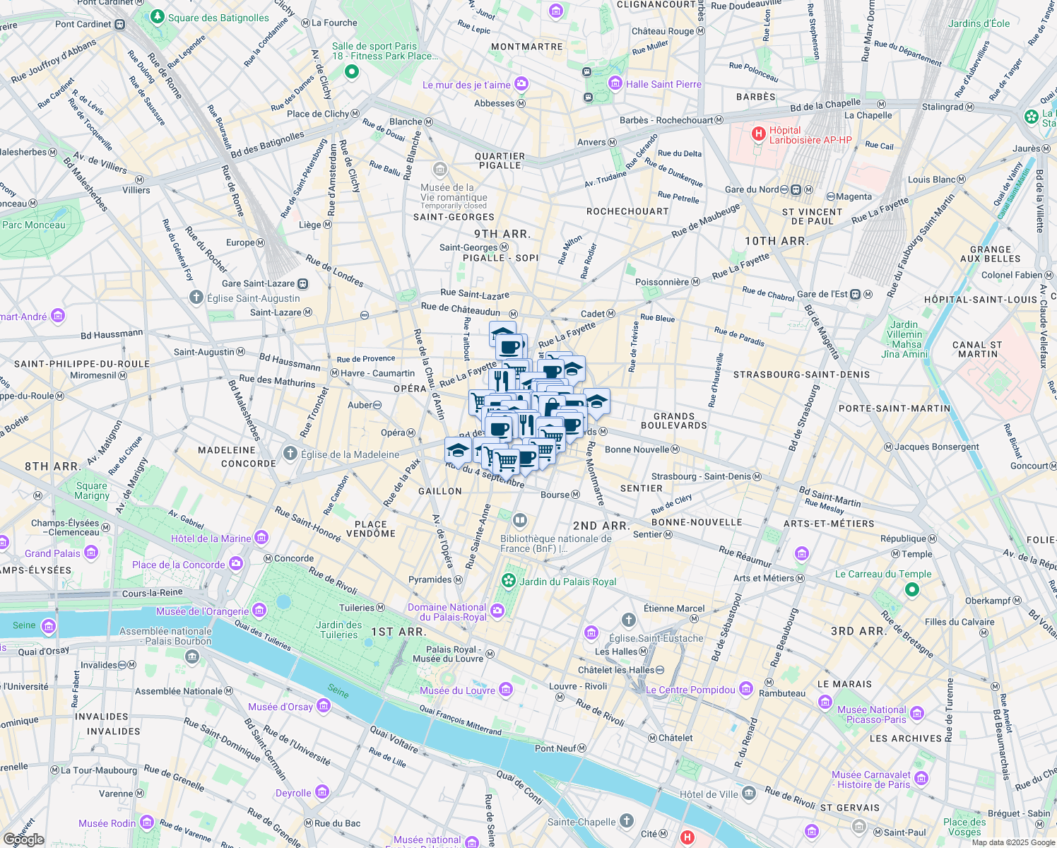 map of restaurants, bars, coffee shops, grocery stores, and more near Passage des Princes in Paris