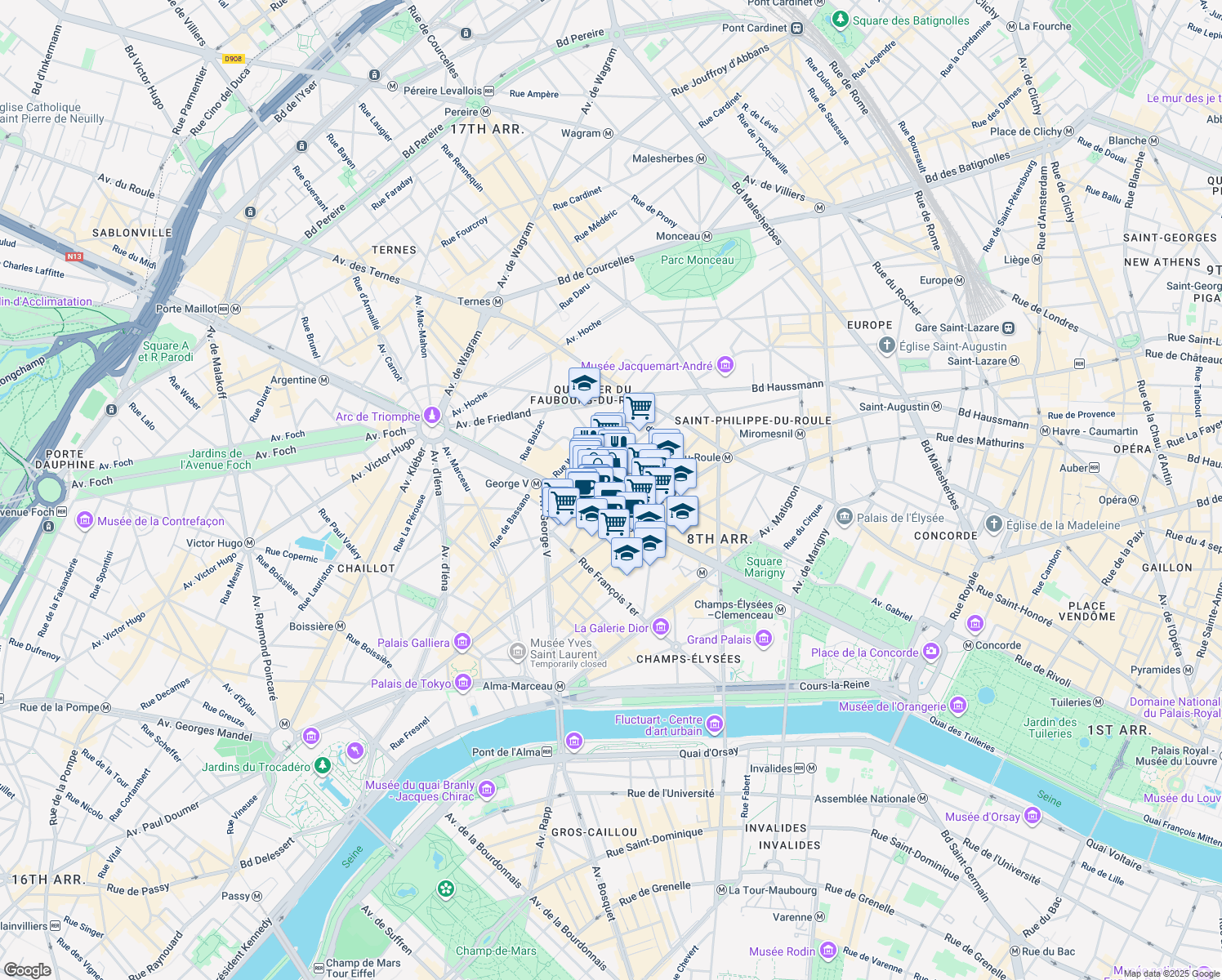 map of restaurants, bars, coffee shops, grocery stores, and more near 78 Avenue des Champs-Élysées in Paris