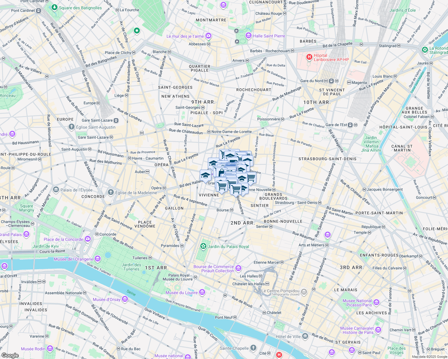 map of restaurants, bars, coffee shops, grocery stores, and more near 19 Boulevard Montmartre in Paris