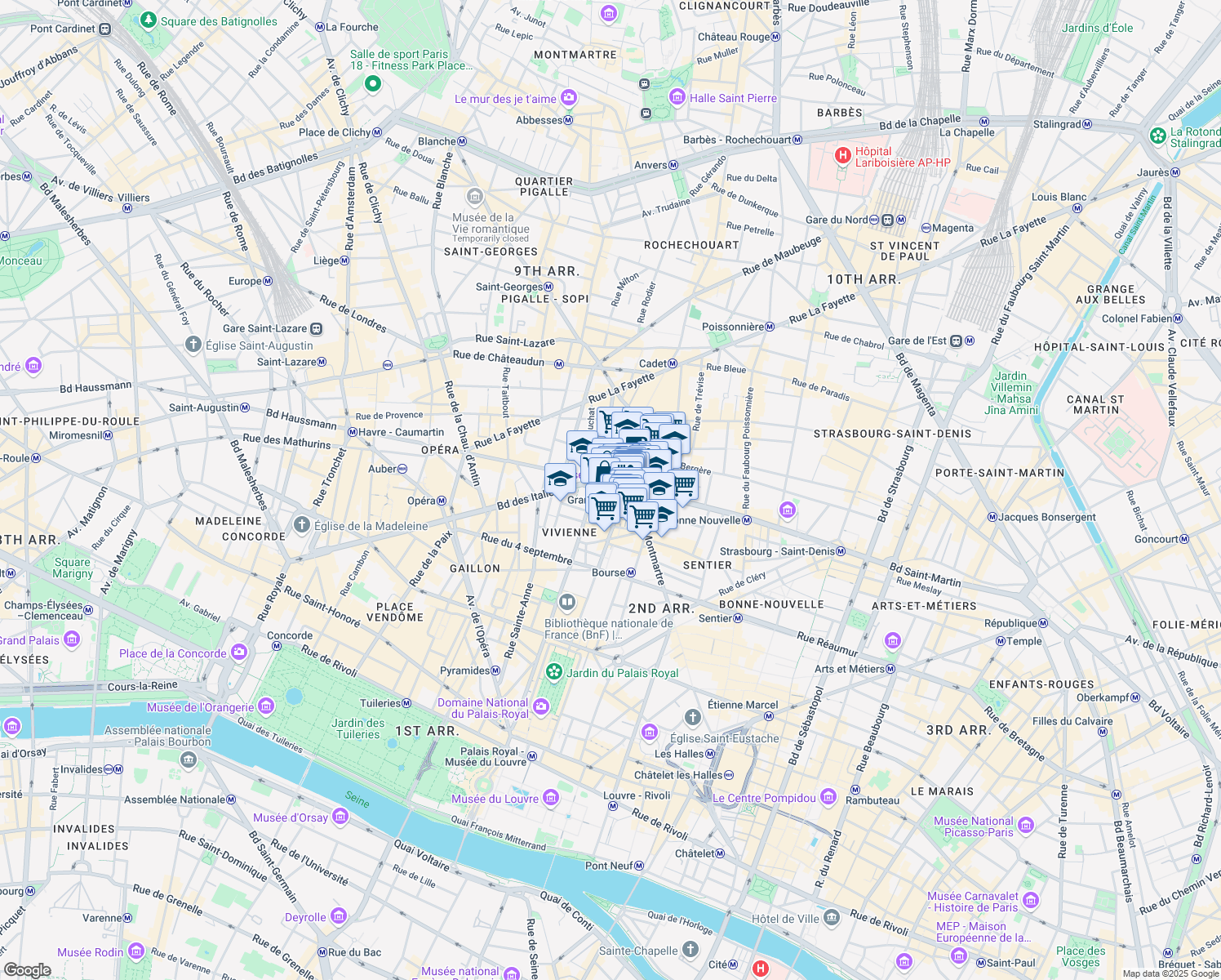map of restaurants, bars, coffee shops, grocery stores, and more near 19 Boulevard Montmartre in Paris