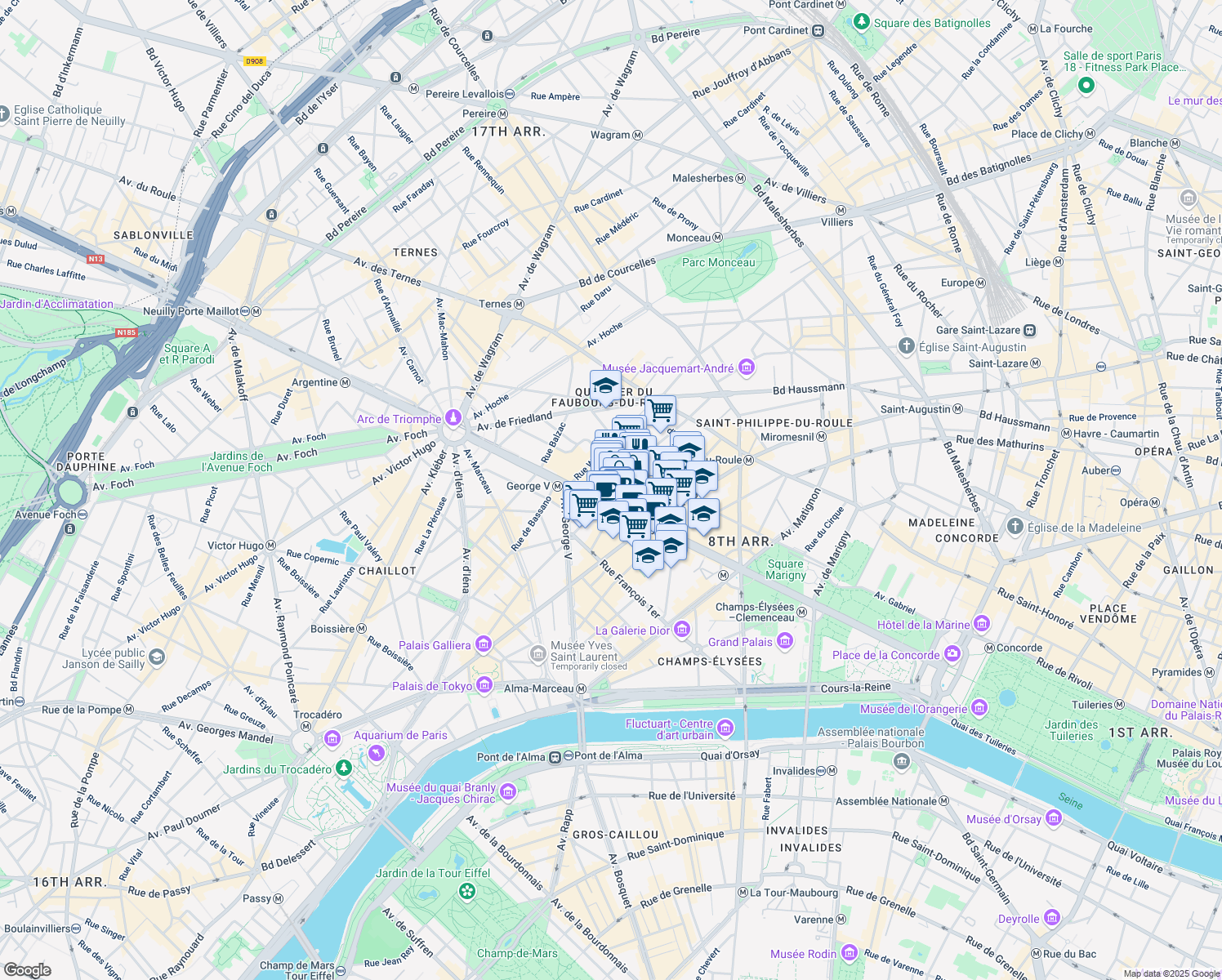 map of restaurants, bars, coffee shops, grocery stores, and more near 92 Champs-Élysées in Paris