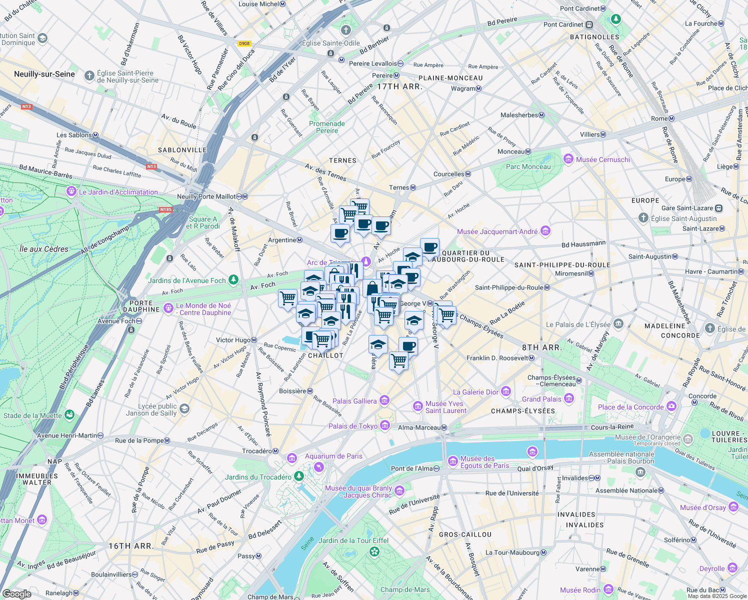 map of restaurants, bars, coffee shops, grocery stores, and more near 96 Avenue d'Iéna in Paris