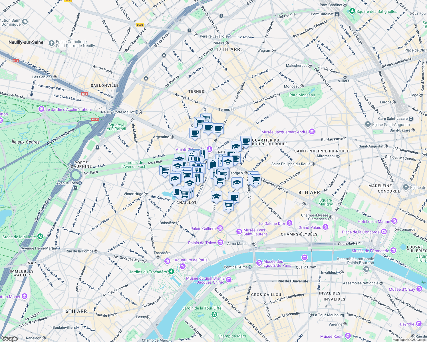 map of restaurants, bars, coffee shops, grocery stores, and more near 96 Avenue d'Iéna in Paris
