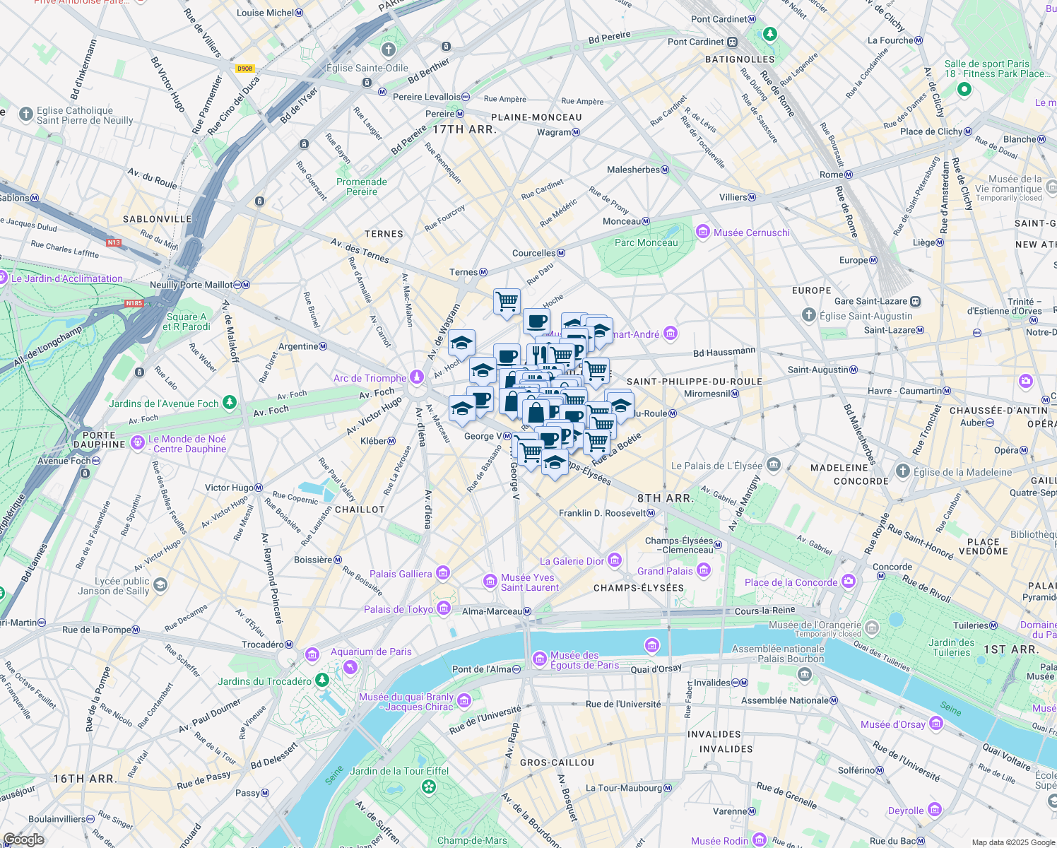 map of restaurants, bars, coffee shops, grocery stores, and more near 10 Rue Washington in Paris