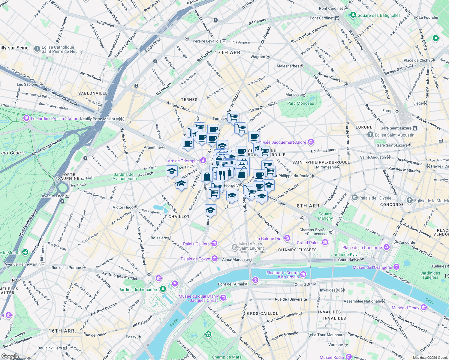 map of restaurants, bars, coffee shops, grocery stores, and more near 123 Avenue des Champs-Élysées in Paris
