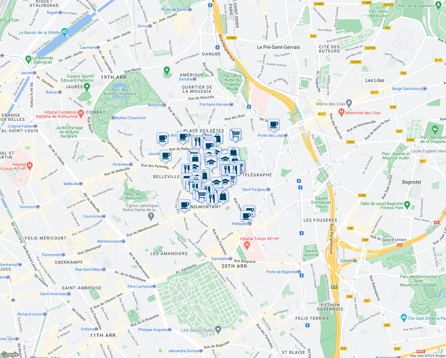 map of restaurants, bars, coffee shops, grocery stores, and more near 131 Rue Pelleport in Paris
