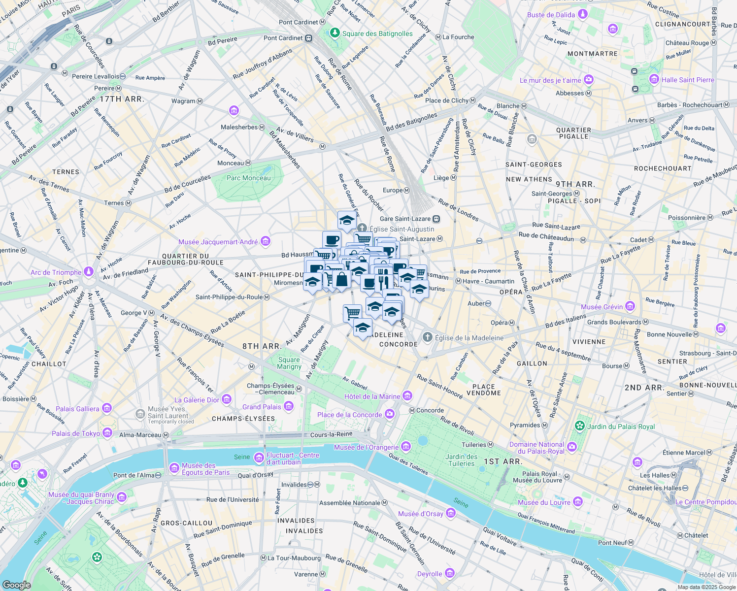 map of restaurants, bars, coffee shops, grocery stores, and more near 11 Rue d'Astorg in Paris