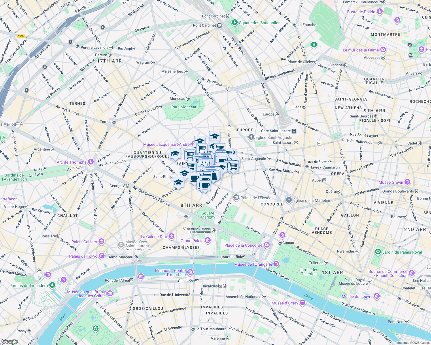 map of restaurants, bars, coffee shops, grocery stores, and more near 49 Rue La Boétie in Paris