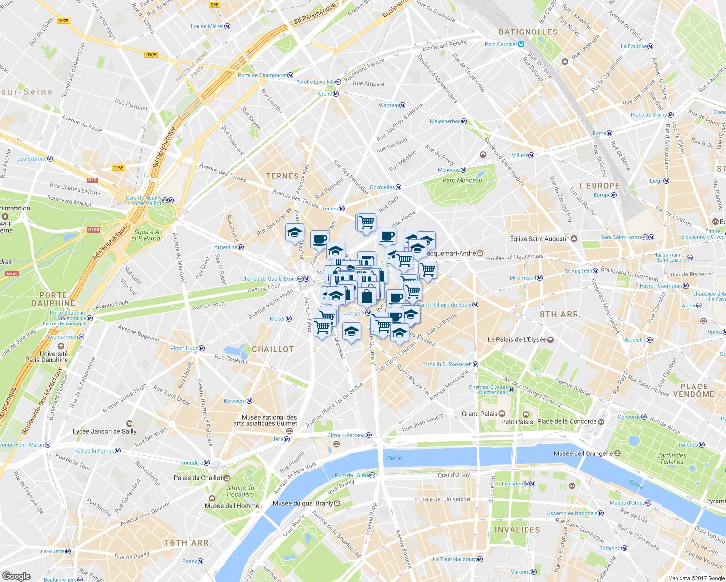 map of restaurants, bars, coffee shops, grocery stores, and more near 8 Rue Lord Byron in Paris