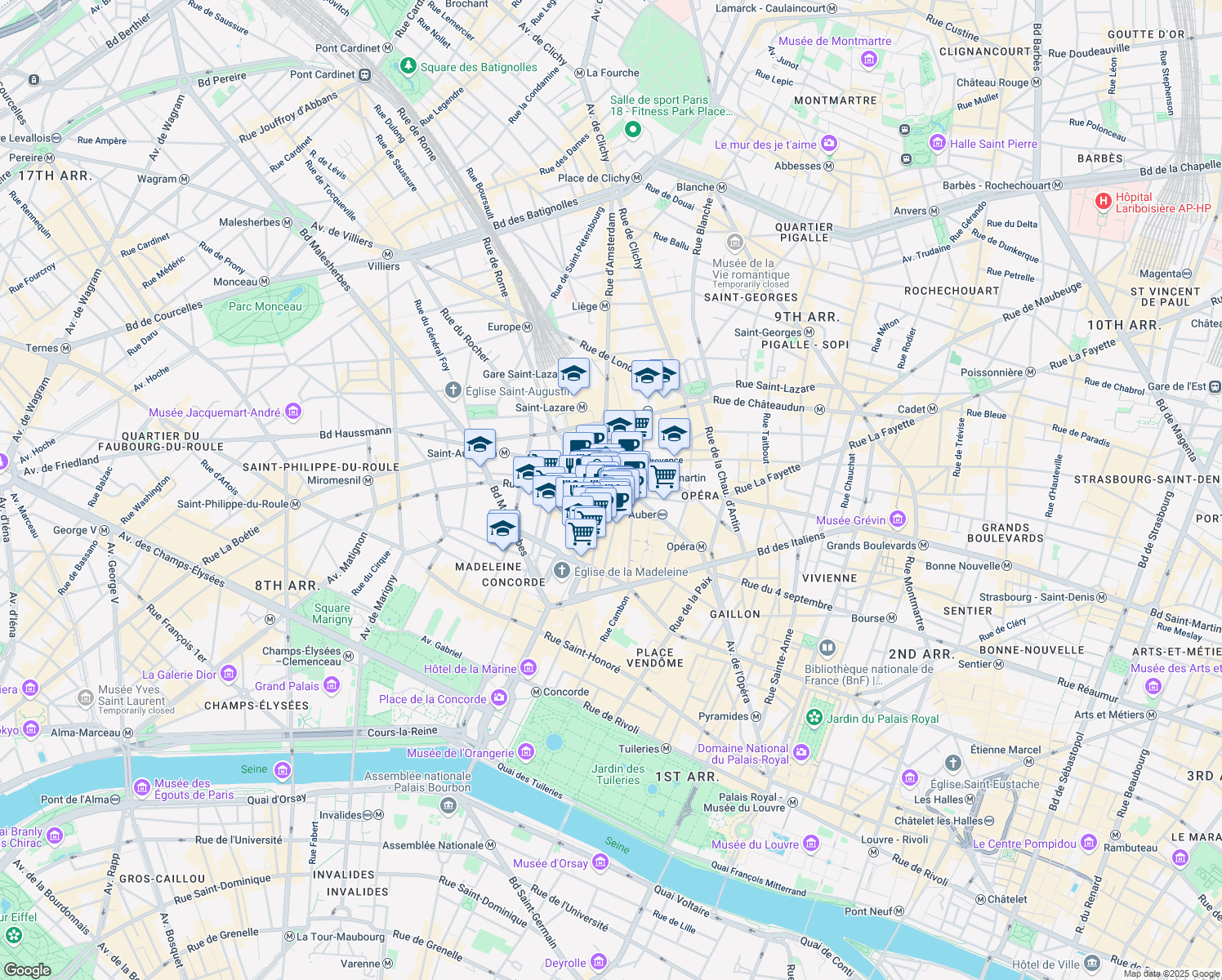 map of restaurants, bars, coffee shops, grocery stores, and more near 34 Rue Tronchet in Paris