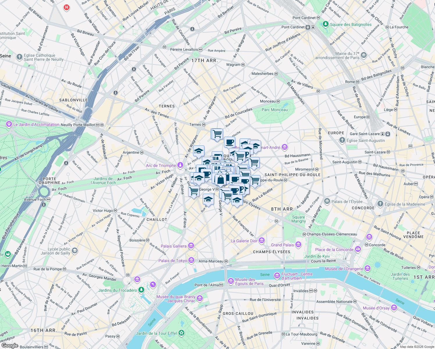 map of restaurants, bars, coffee shops, grocery stores, and more near 6 Rue Balzac in Paris