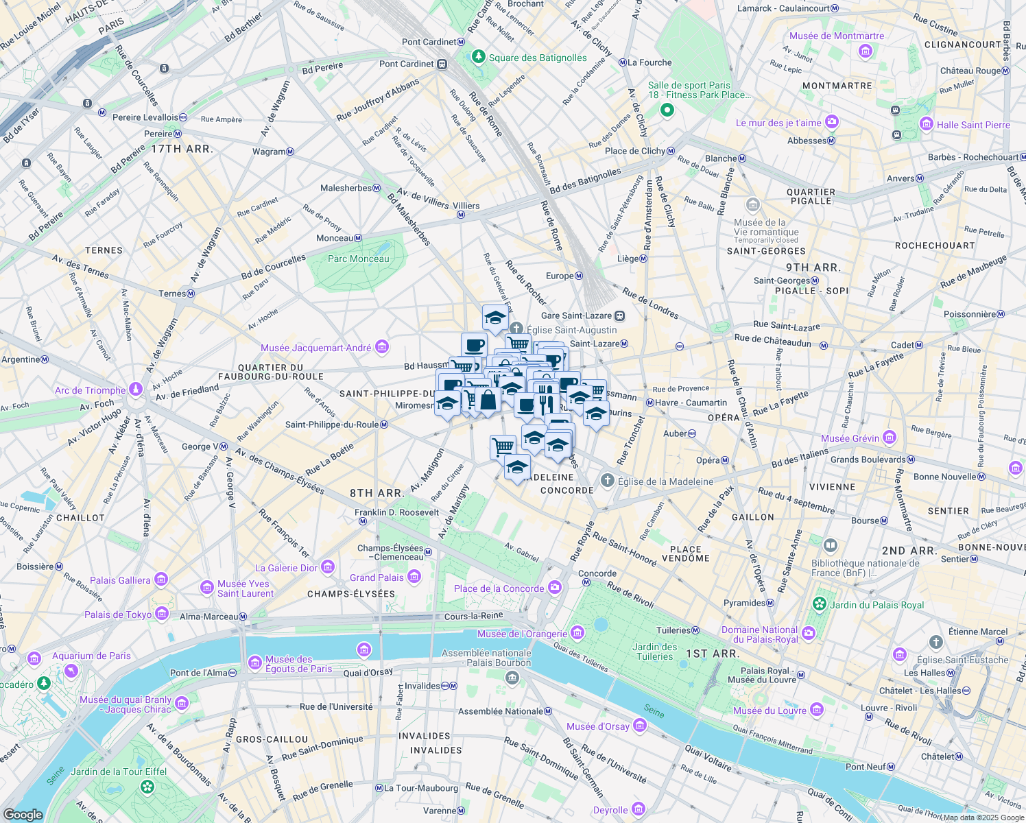 map of restaurants, bars, coffee shops, grocery stores, and more near 16 Rue Roquépine in Paris