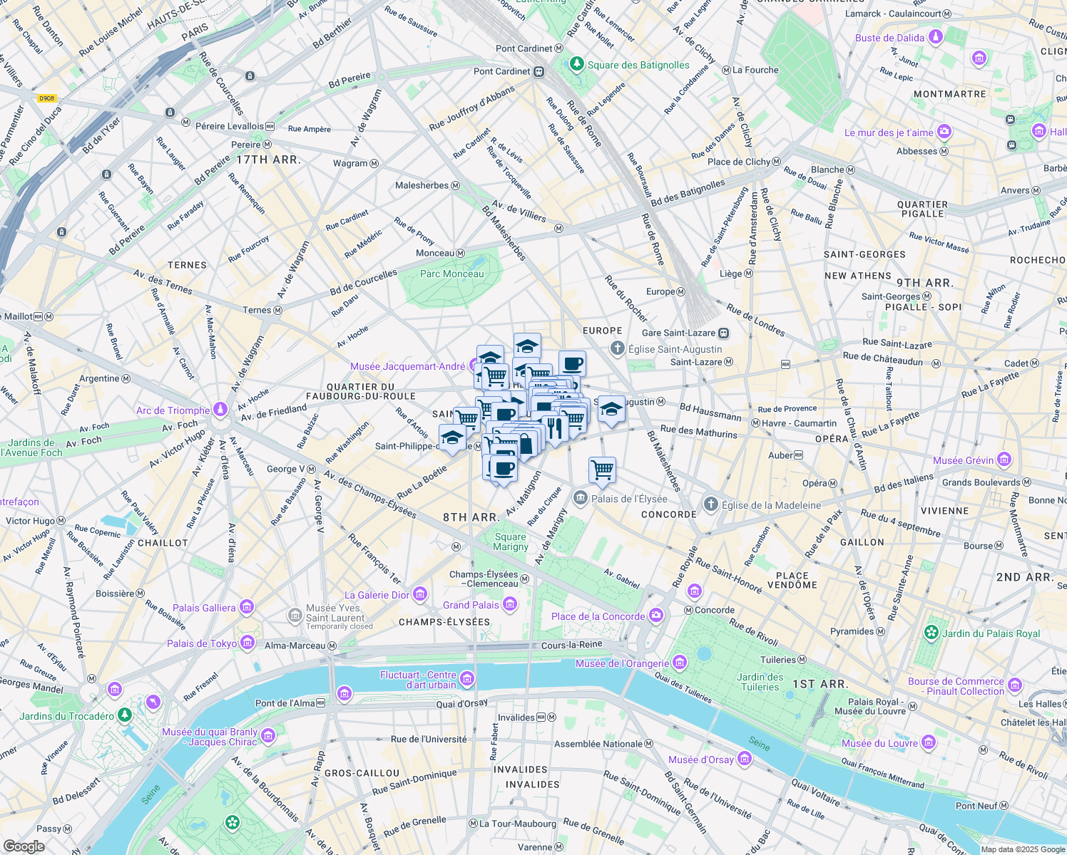 map of restaurants, bars, coffee shops, grocery stores, and more near 49 Rue La Boétie in Paris