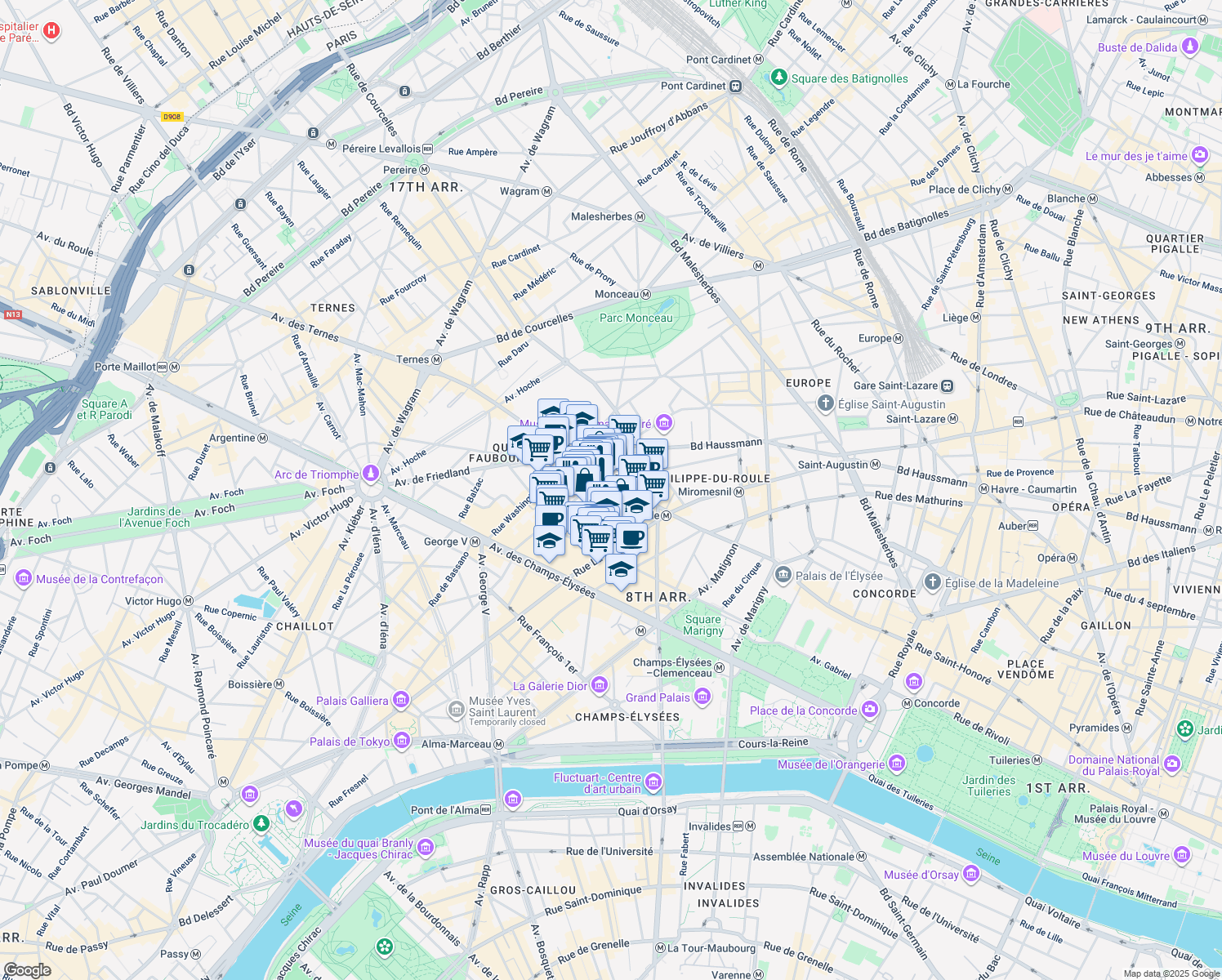 map of restaurants, bars, coffee shops, grocery stores, and more near 137 Rue du Faubourg Saint-Honoré in Paris