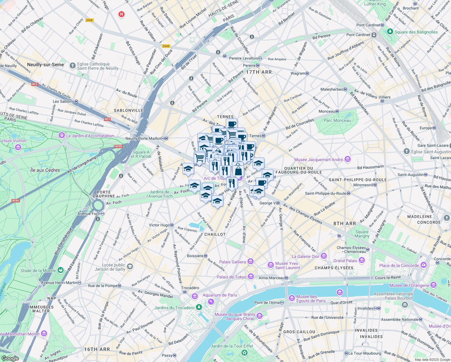 map of restaurants, bars, coffee shops, grocery stores, and more near 12 Rue de Presbourg in Paris