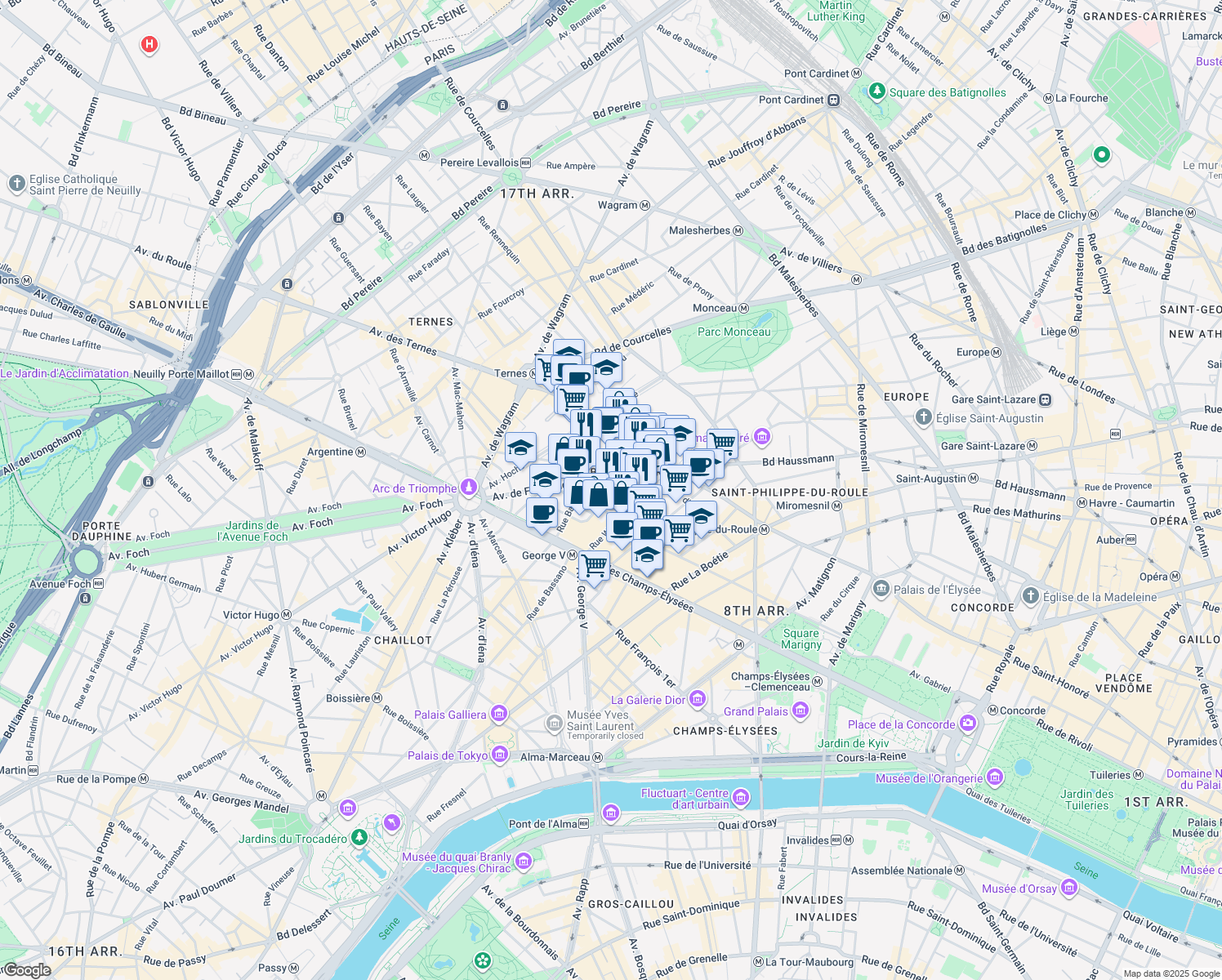 map of restaurants, bars, coffee shops, grocery stores, and more near 15 Rue Lamennais in Paris