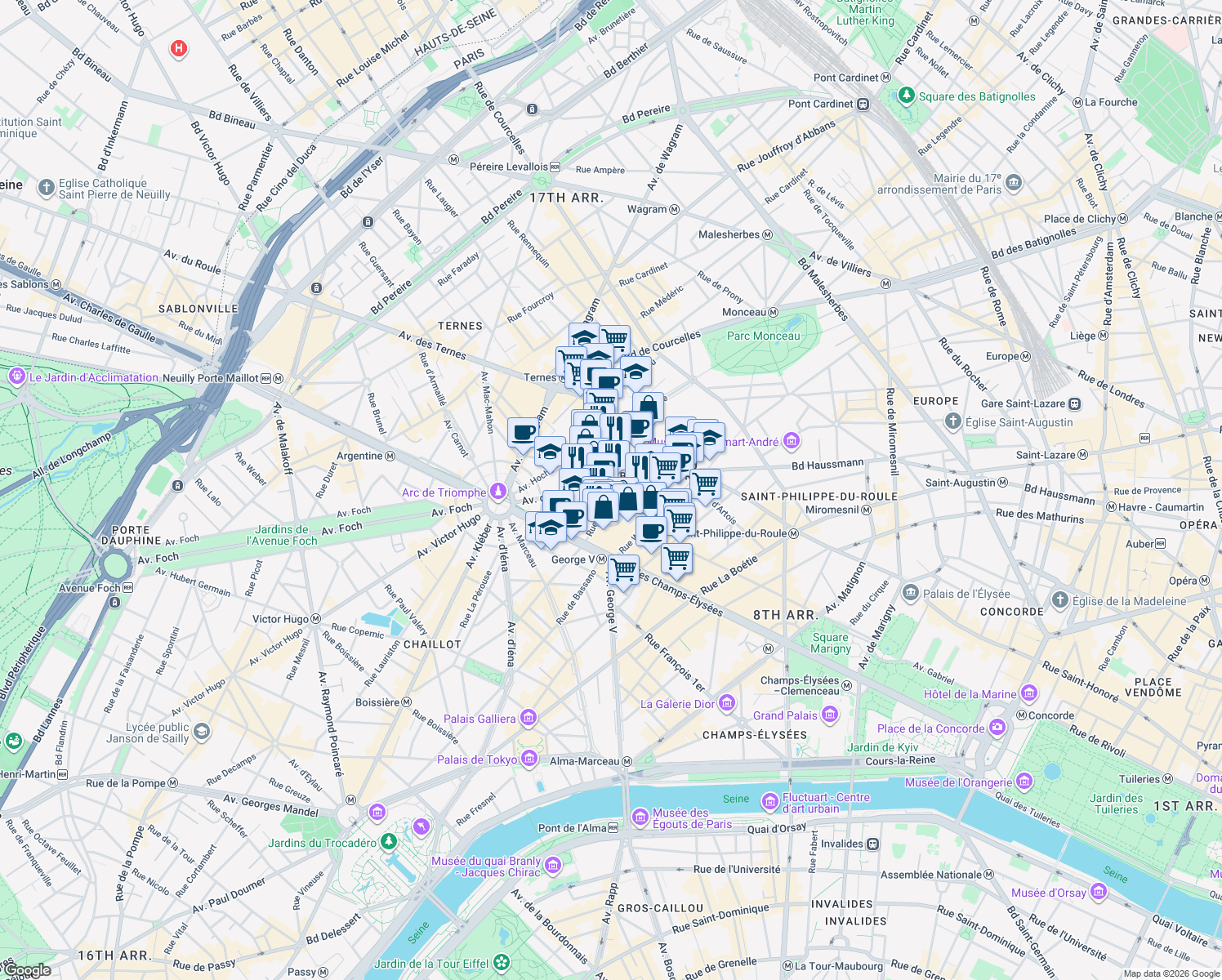 map of restaurants, bars, coffee shops, grocery stores, and more near Rue Balzac in Paris