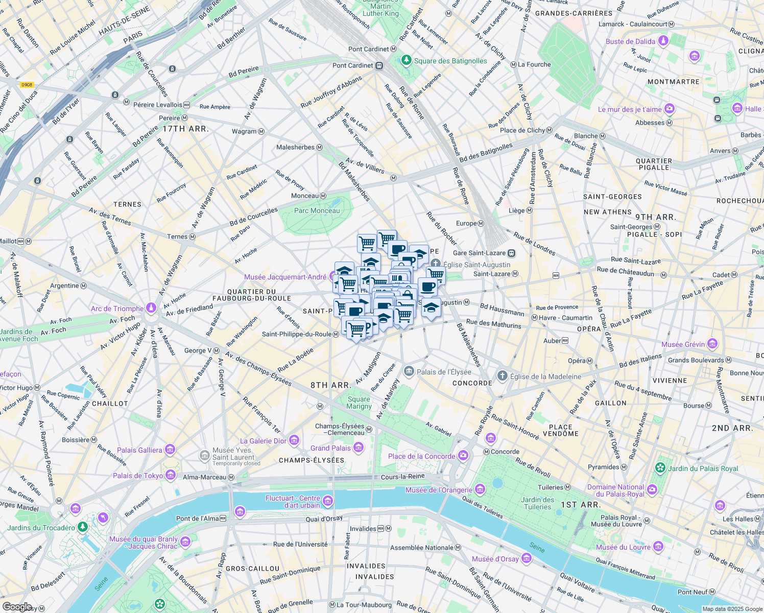 map of restaurants, bars, coffee shops, grocery stores, and more near Avenue Percier in Paris