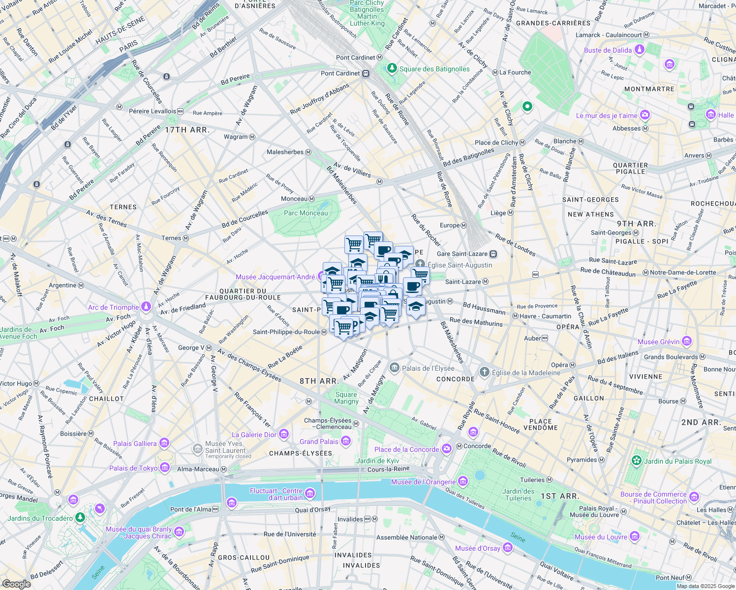 map of restaurants, bars, coffee shops, grocery stores, and more near Avenue Percier in Paris
