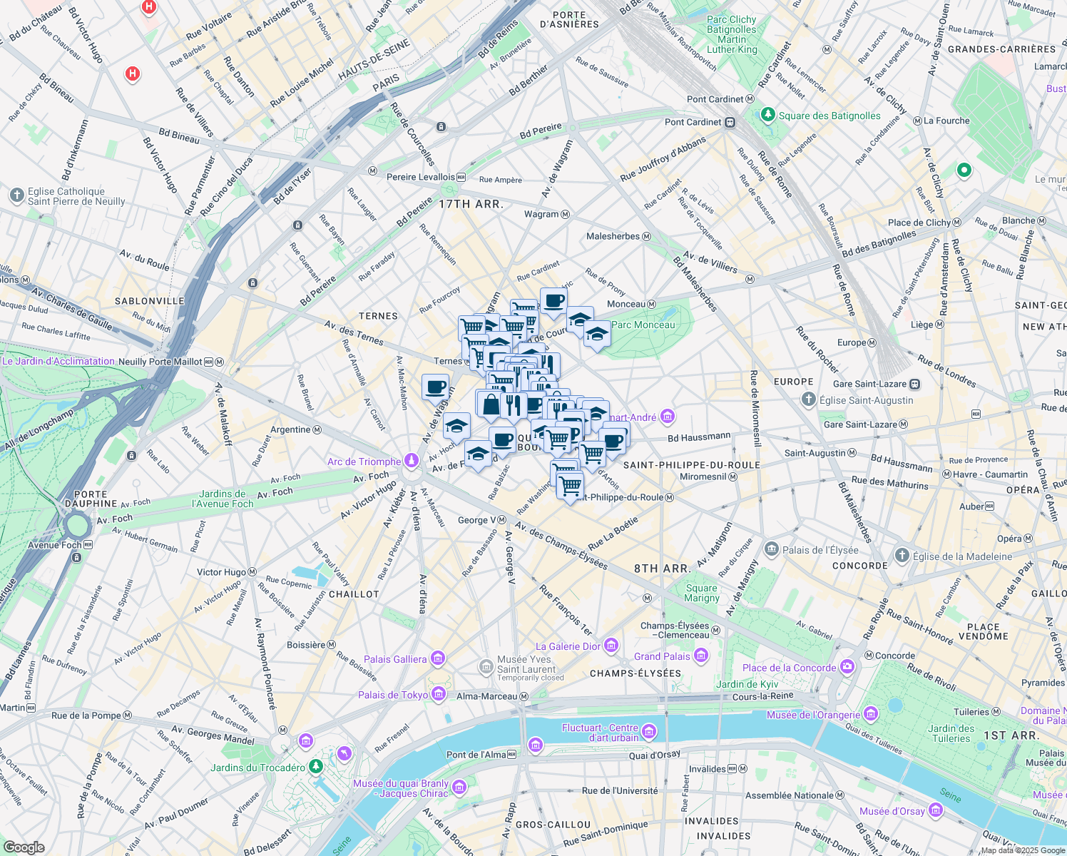map of restaurants, bars, coffee shops, grocery stores, and more near 21 Rue Balzac in Paris