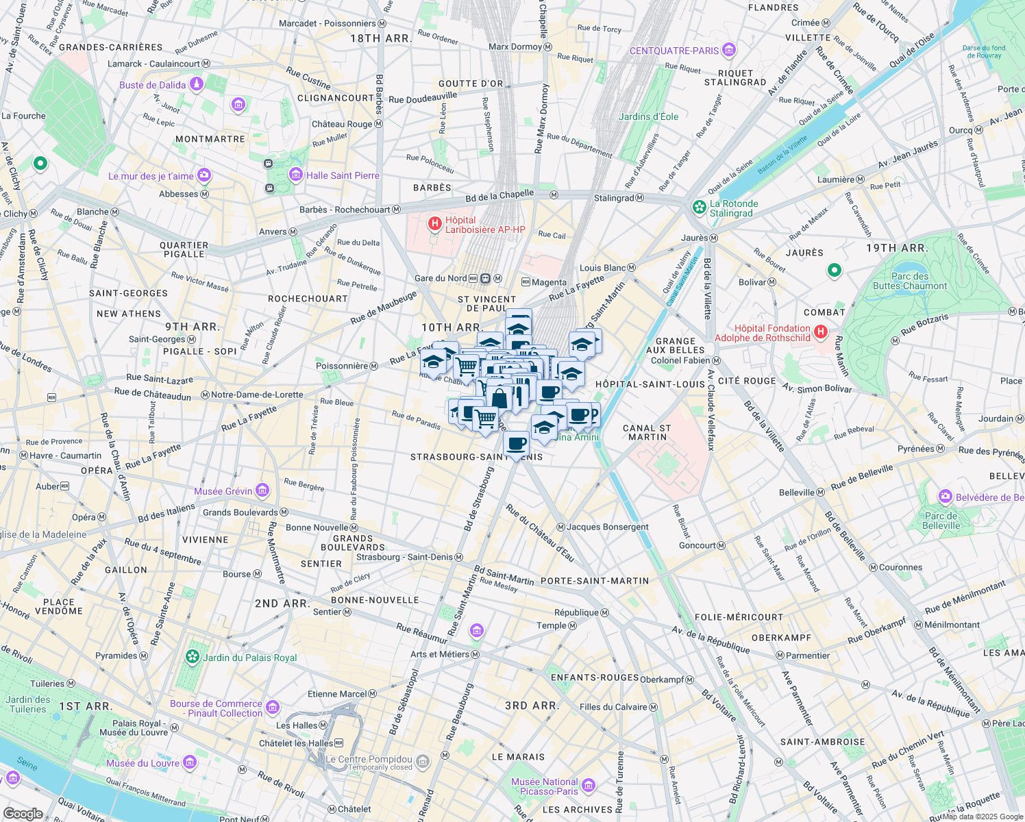 map of restaurants, bars, coffee shops, grocery stores, and more near in Paris