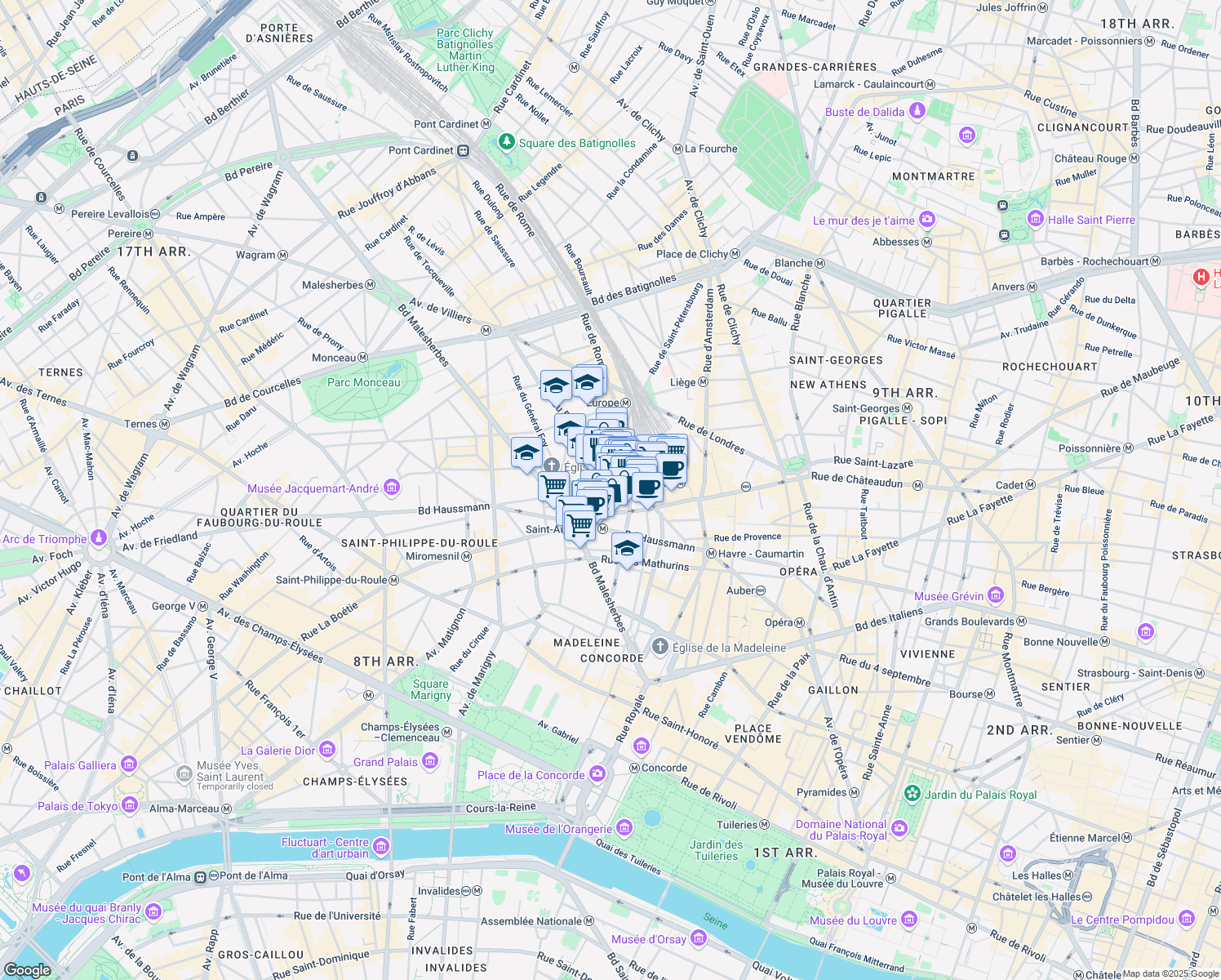 map of restaurants, bars, coffee shops, grocery stores, and more near 8 Rue de Laborde in Paris
