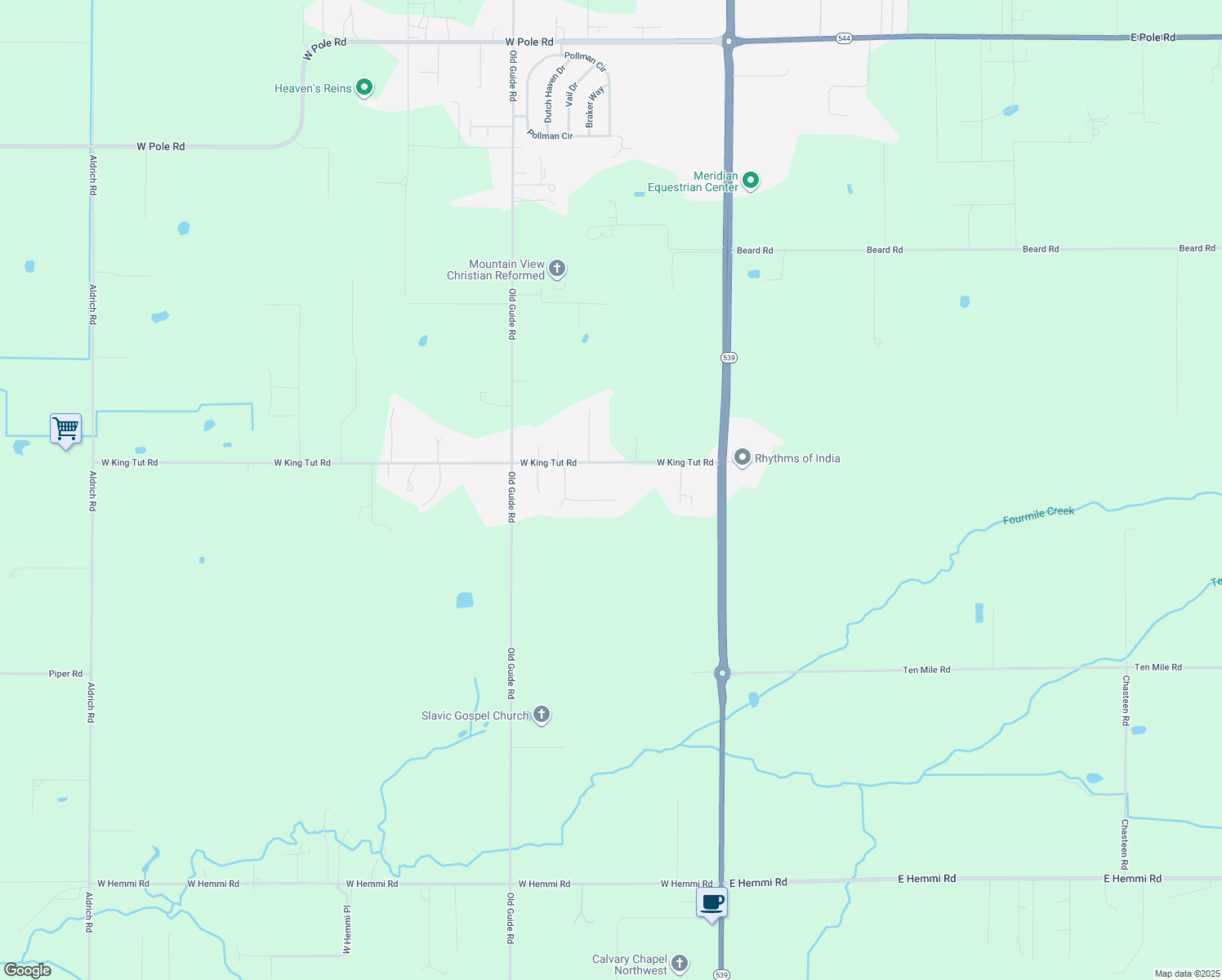 map of restaurants, bars, coffee shops, grocery stores, and more near 224 Pyramid Lane in Lynden