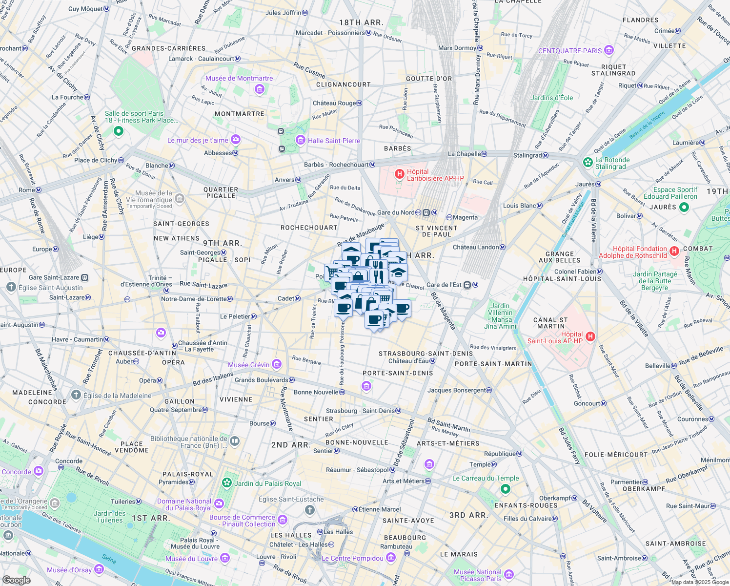 map of restaurants, bars, coffee shops, grocery stores, and more near 10 Rue des Messageries in Paris