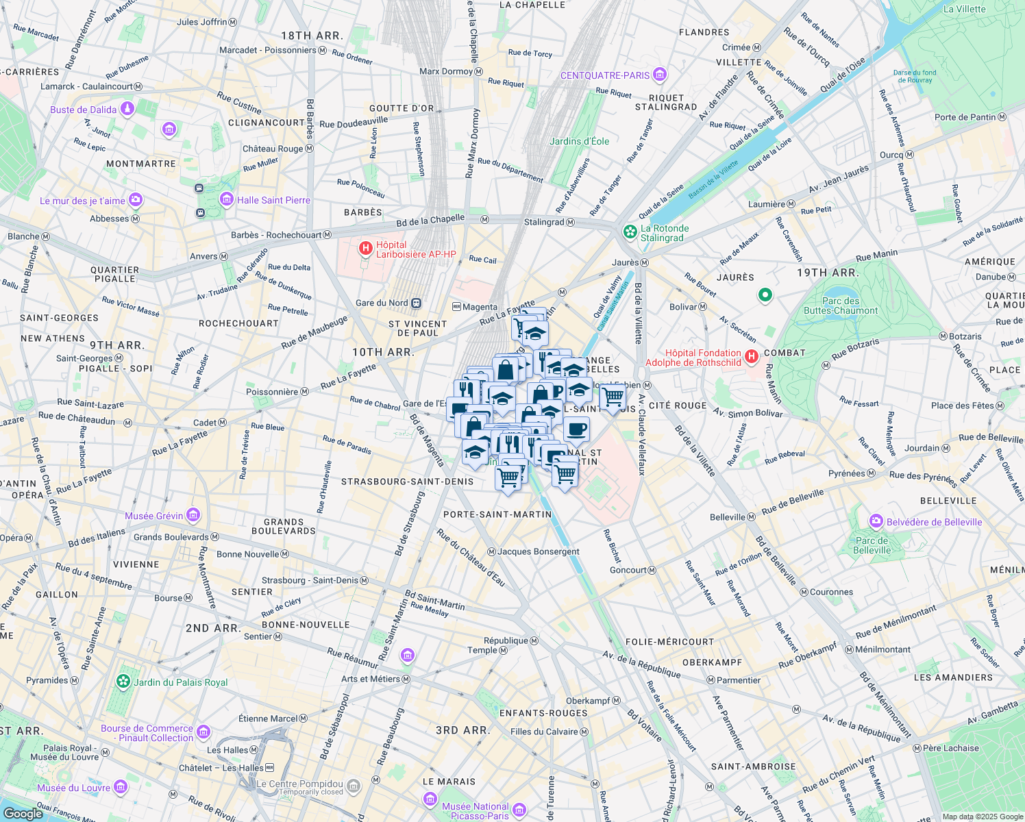 map of restaurants, bars, coffee shops, grocery stores, and more near Avenue de Verdun in Paris