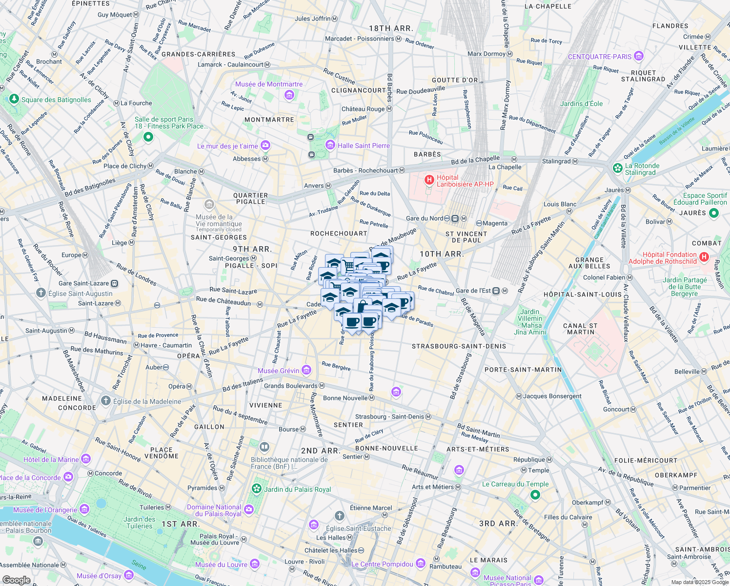 map of restaurants, bars, coffee shops, grocery stores, and more near 15 Rue de Montholon in Paris