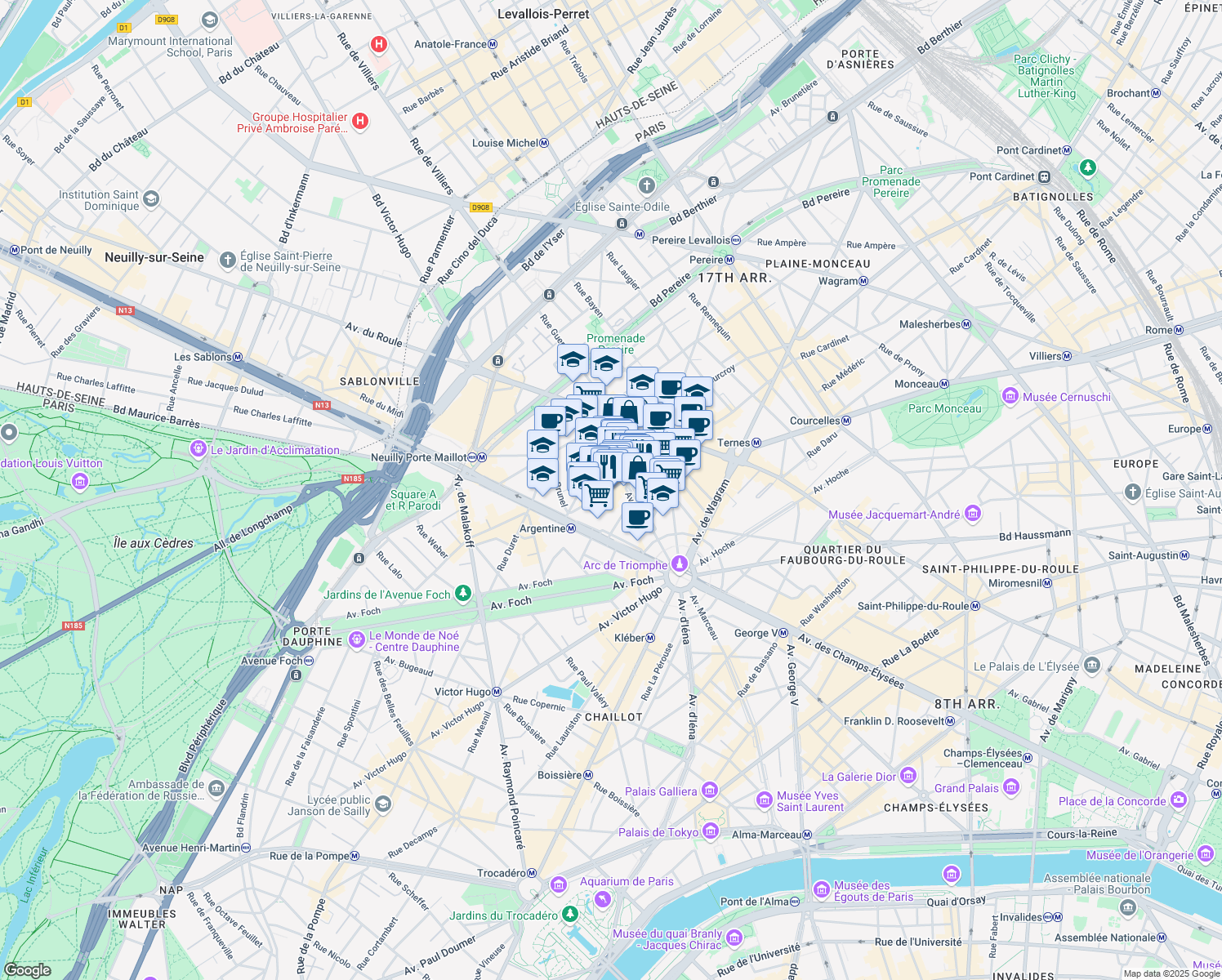 map of restaurants, bars, coffee shops, grocery stores, and more near 17 Rue des Acacias in Paris