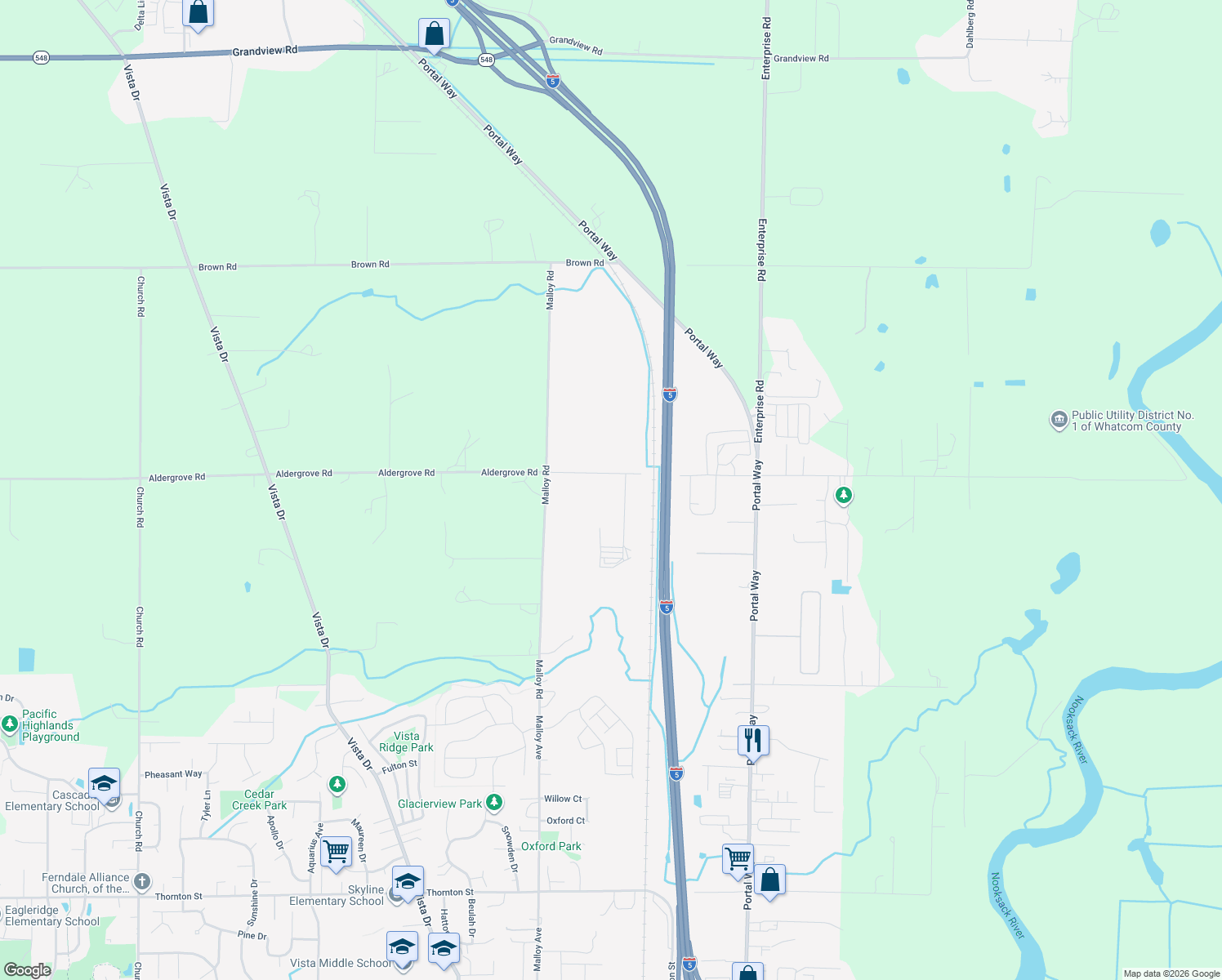 map of restaurants, bars, coffee shops, grocery stores, and more near 2045 Aldergrove Rd in Ferndale