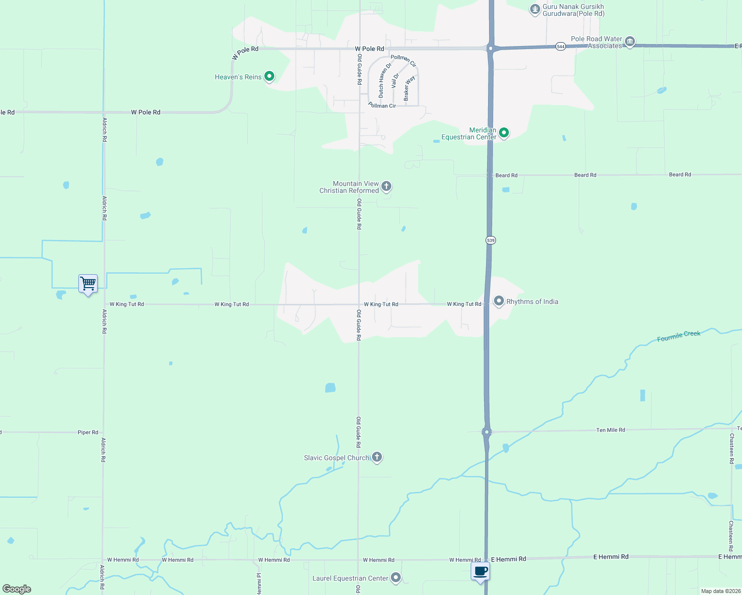 map of restaurants, bars, coffee shops, grocery stores, and more near 282 West King Tut Road in Lynden