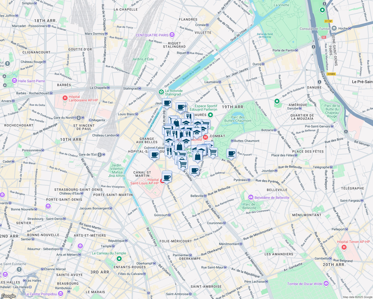 map of restaurants, bars, coffee shops, grocery stores, and more near 97 Avenue Simon Bolivar in Paris