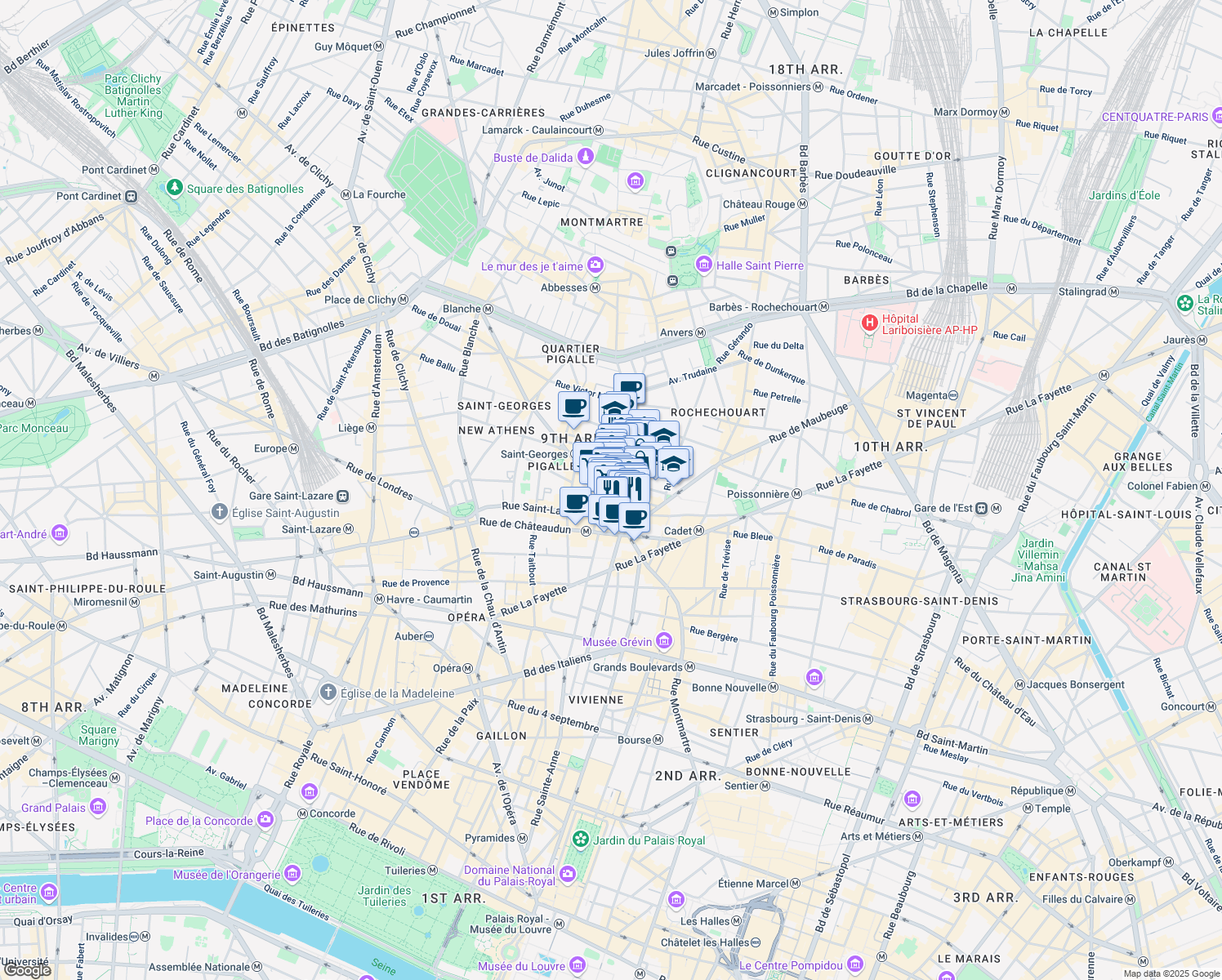 map of restaurants, bars, coffee shops, grocery stores, and more near 9 Rue des Martyrs in Paris