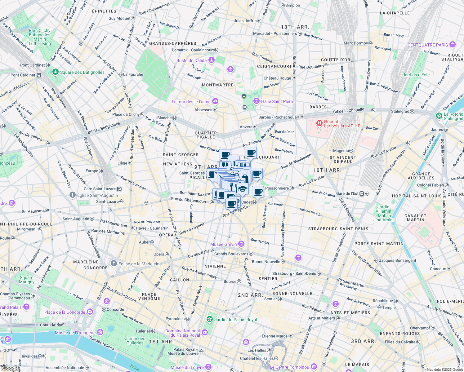 map of restaurants, bars, coffee shops, grocery stores, and more near 9 Rue Choron in Paris