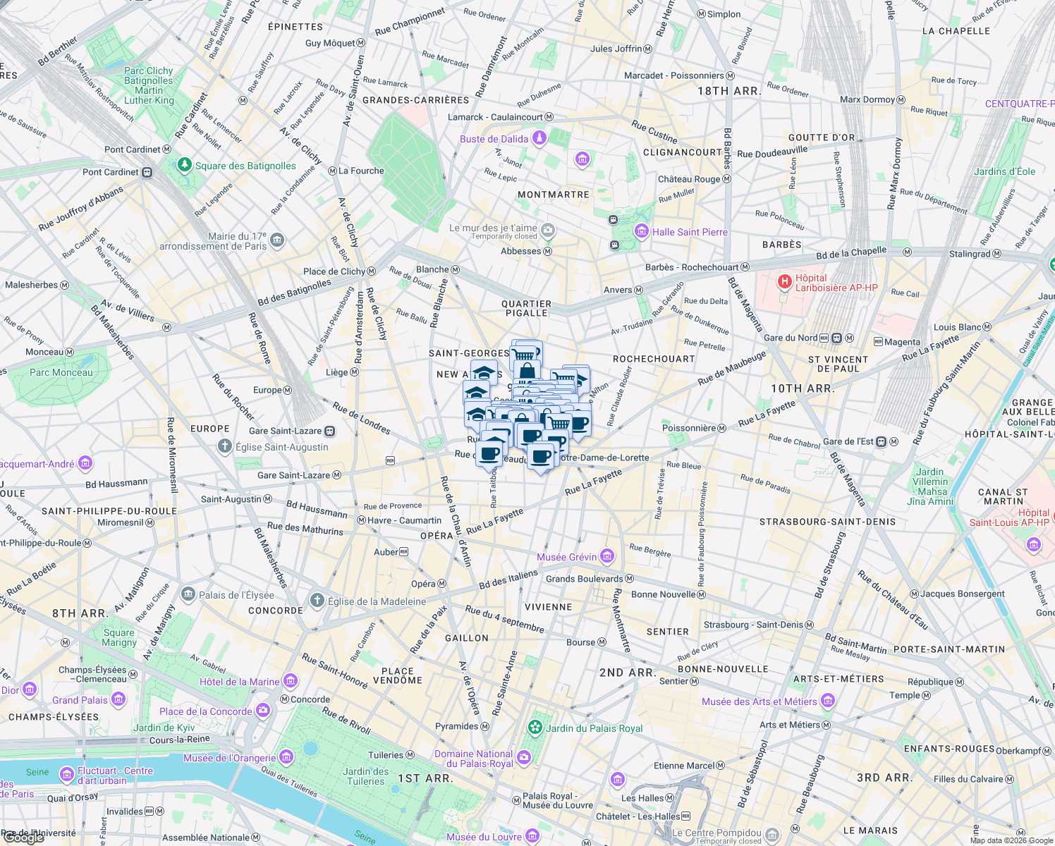 map of restaurants, bars, coffee shops, grocery stores, and more near 43 Rue Saint-Georges in Paris